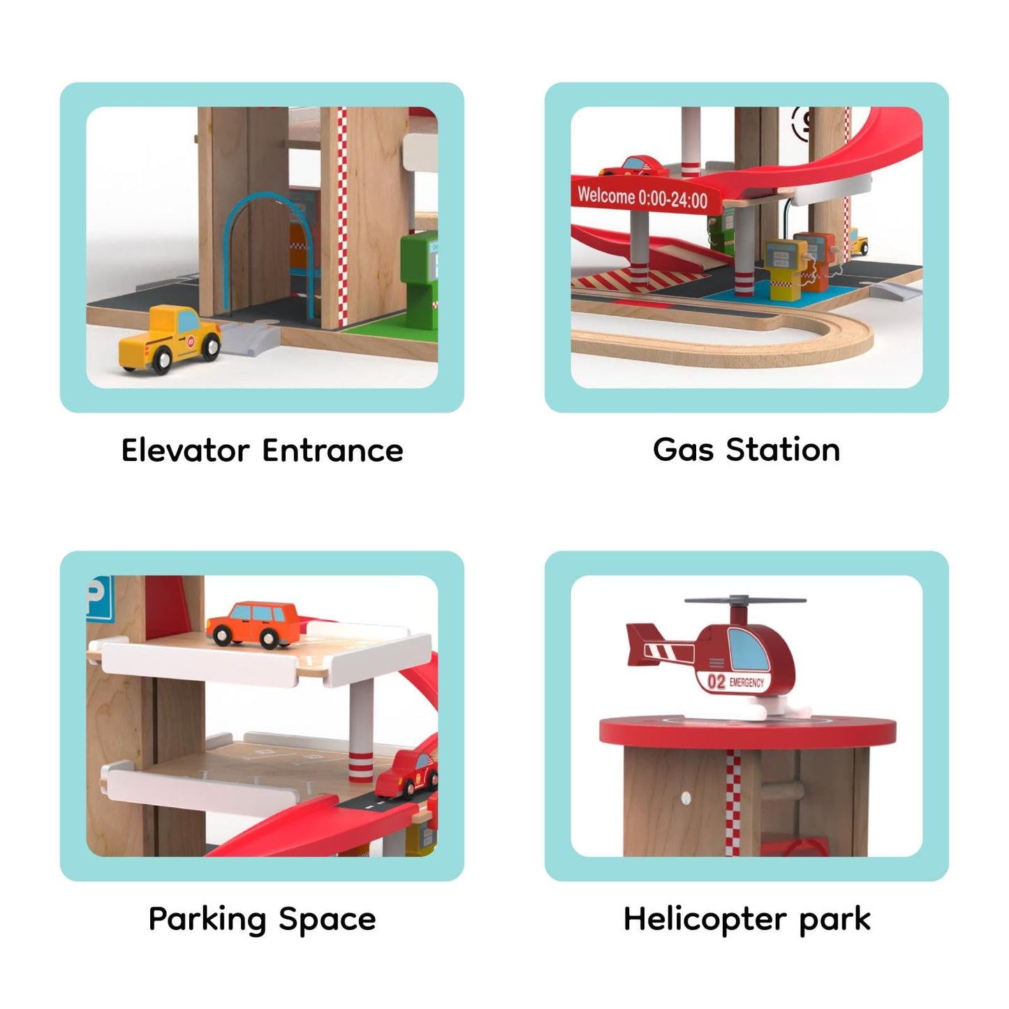 Letoiz Toy Car Garage with Rails, Wooden Parking Garage Toy Playset w/Elevator, Toddler Race Car Ramp Track Toy Set with 4 Mini Cars for Old Boys and Girls Kids Ages 3+ Birthday Gift Christmas