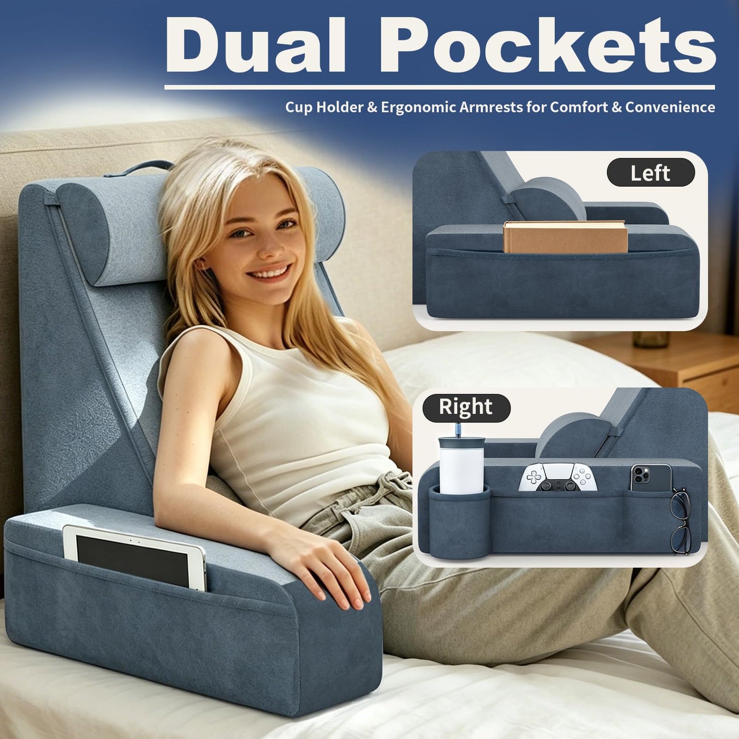Reading Pillow, Back Pillow for Bed with Adjustable Headrest & Independent Lumbar Support, Detachable Armrest Sit Up Pillow for Bed, Dual Side Storage Pockets for Reading Gaming Nurs Sofa (Basic)