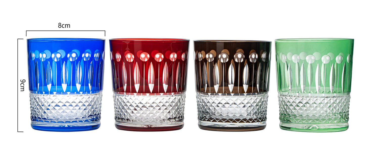 The Wine Savant Crystal Italian Multicolor Design Cups -Set of 4 Whiskey Glasses 8oz 3.5" H Bohemian Venetian Italian Style Red, Blue, Green, Black Glasses, for Dinner Parties, Bars & Weddings