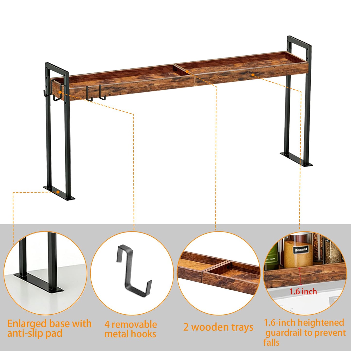 EffiJoy Spice Rack Shelf for Kitchen Stove, Over the Stove Shelf with 4 Level Adjustable Height, Over Stove Spice Rack with 4 Hooks, Rustic Brown + Black