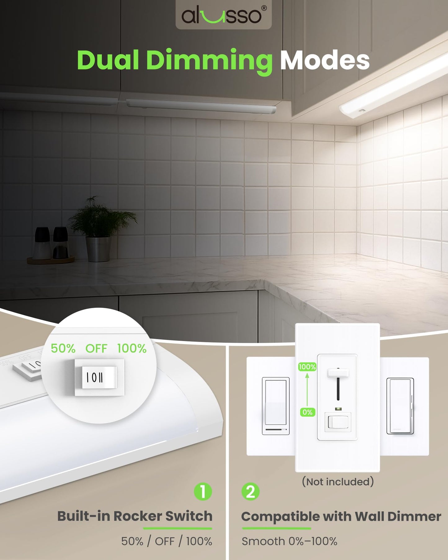 ALUSSO 24 Inch LED Under Cabinet Lighting Hardwired 120V, 5CCT Color Selectable 2700K-5000K Dimmable 15W 1200LM High Brightness, CRI 90+ Strip Linkable Under Counter Lights for Kitchen Sink, 1 Pack