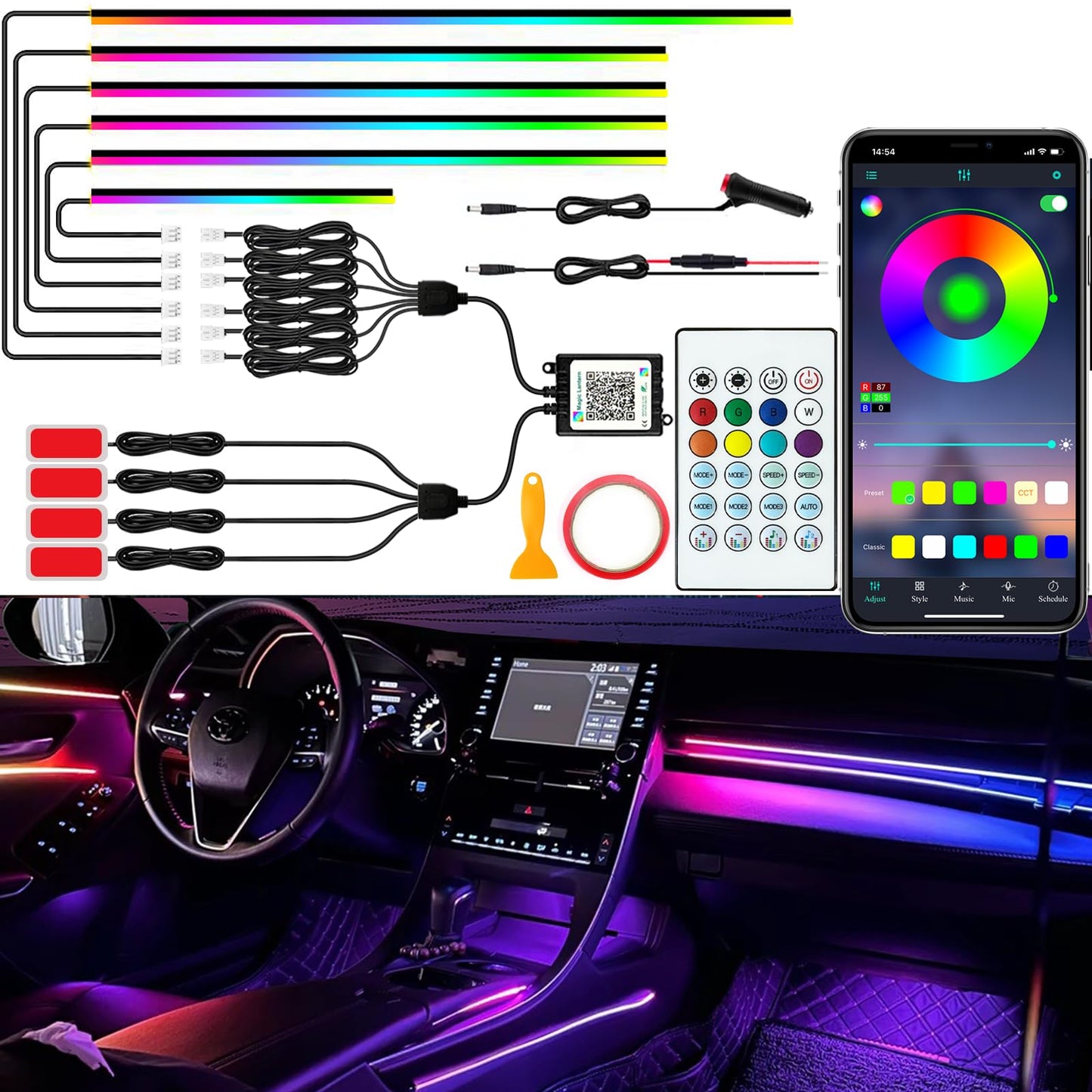 SAMGCHI Interior Car LED Lights, RGB Dream Color Acrylic LED Lights for Car, Ambient Lighting Kits with Wireless APP and RF Remote Control, Music Sync Dynamic Chasing (10 in 1)