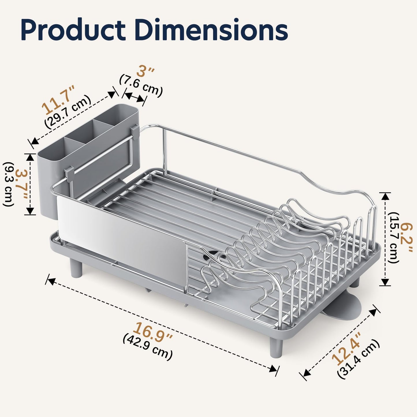 Stainless Steel Dish Drying Rack - Large Capacity Dish Rack for Kitchen Counter with Drain Board, Rustproof Dish Drainer with Auto Drain Spout Utensil Holder Glass Holder, Dinnerware Organizer, Gray