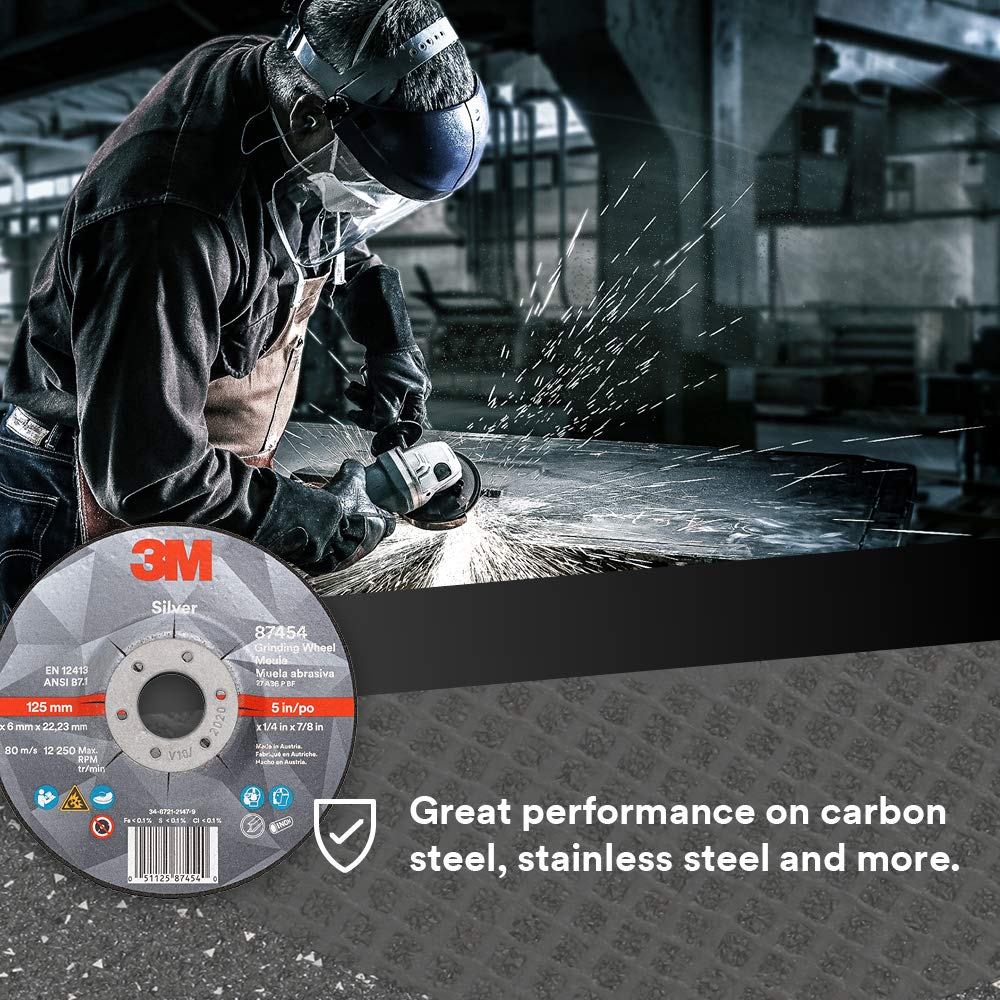 3M Silver Depressed Center Grinding Wheel, 87454, T27, 5 in x 1/4 in x 7/8 in, Pack of 10, Deburring Edges, Heavy Stock Removal, Stainless Steel, Mild Steel, Right Angle Grinding