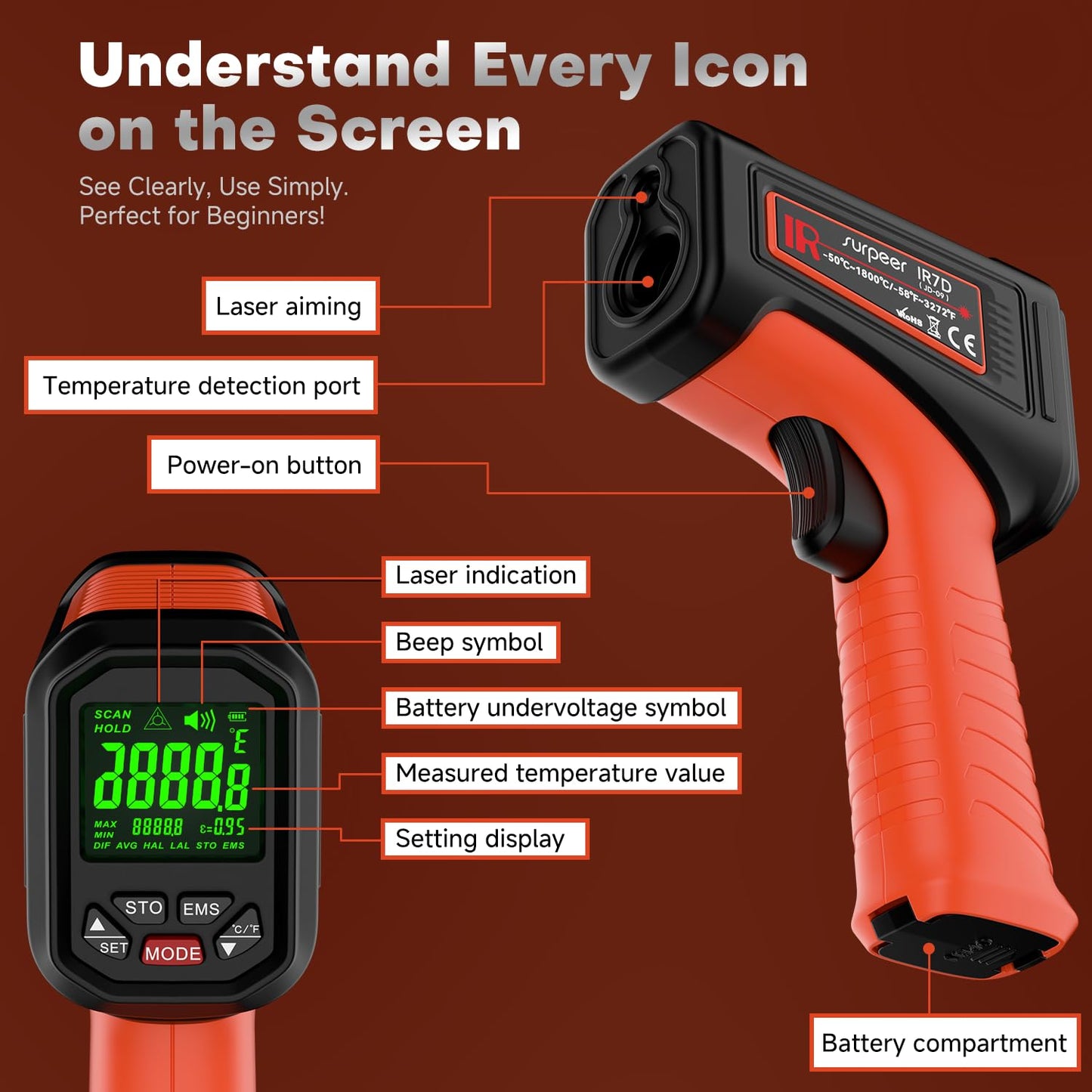 Surpeer -58℉~3272℉ Infrared Thermometer IR Gun, High-Temp Digital Temperature Gun, 50:1 Non-Contact Pyrometer for Kiln, Forge, Furnace, Engine, HVAC & Industrial Applications