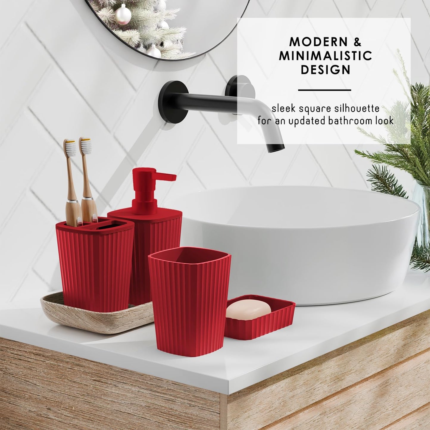 Clara Clark Bathroom Set - Christmas Bathroom Sets, Xmas Bathroom Accessories Set, Christmas Bathroom Decor, 6PC Bathroom Accessory Set with Toilet Brush, Trash Can & Soap Dispenser