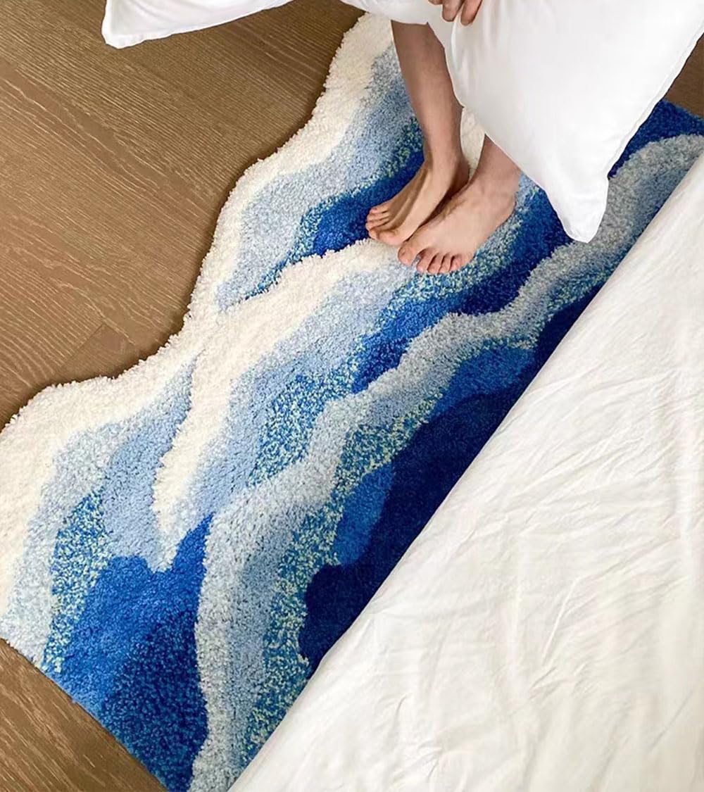 ZYLG Blue 3D Ocean Wave Bath Mat, Cute Funky Bathroom Rugs,for Coastal Beach Nautical Themed Decor, Non-Slip Washable Tufted Rug for Bedroom Kitchen Runner Rug (27.6 x 63 in)