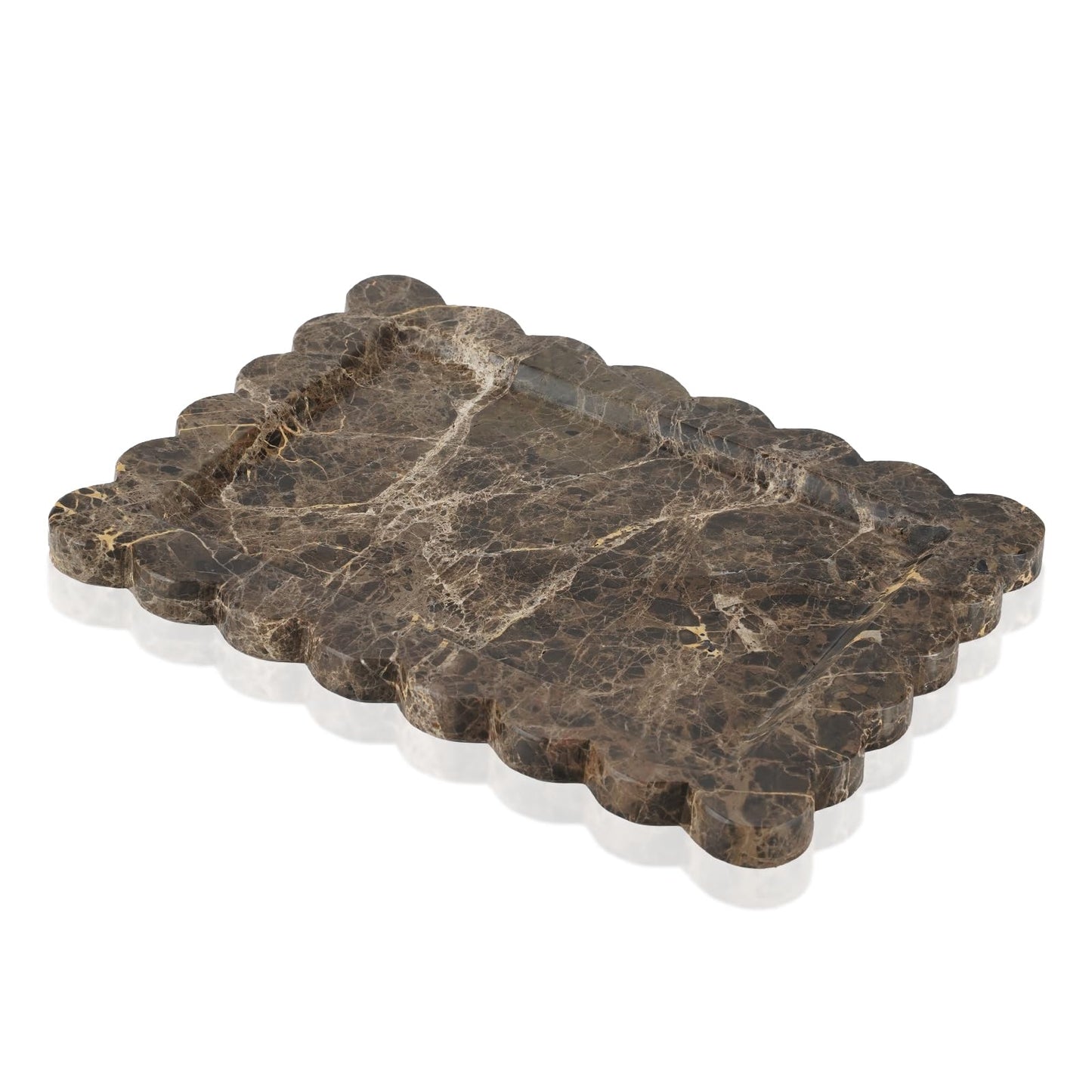 Rectangle Marble Tray with Scalloped Edge, Dark Brown Decorative Tray for Bathroom Vanity, Kitchen Counter, Dresser Top Organizer, Perfume Jewelry Holder, 11x8 Inch Natural Stone Home Décor