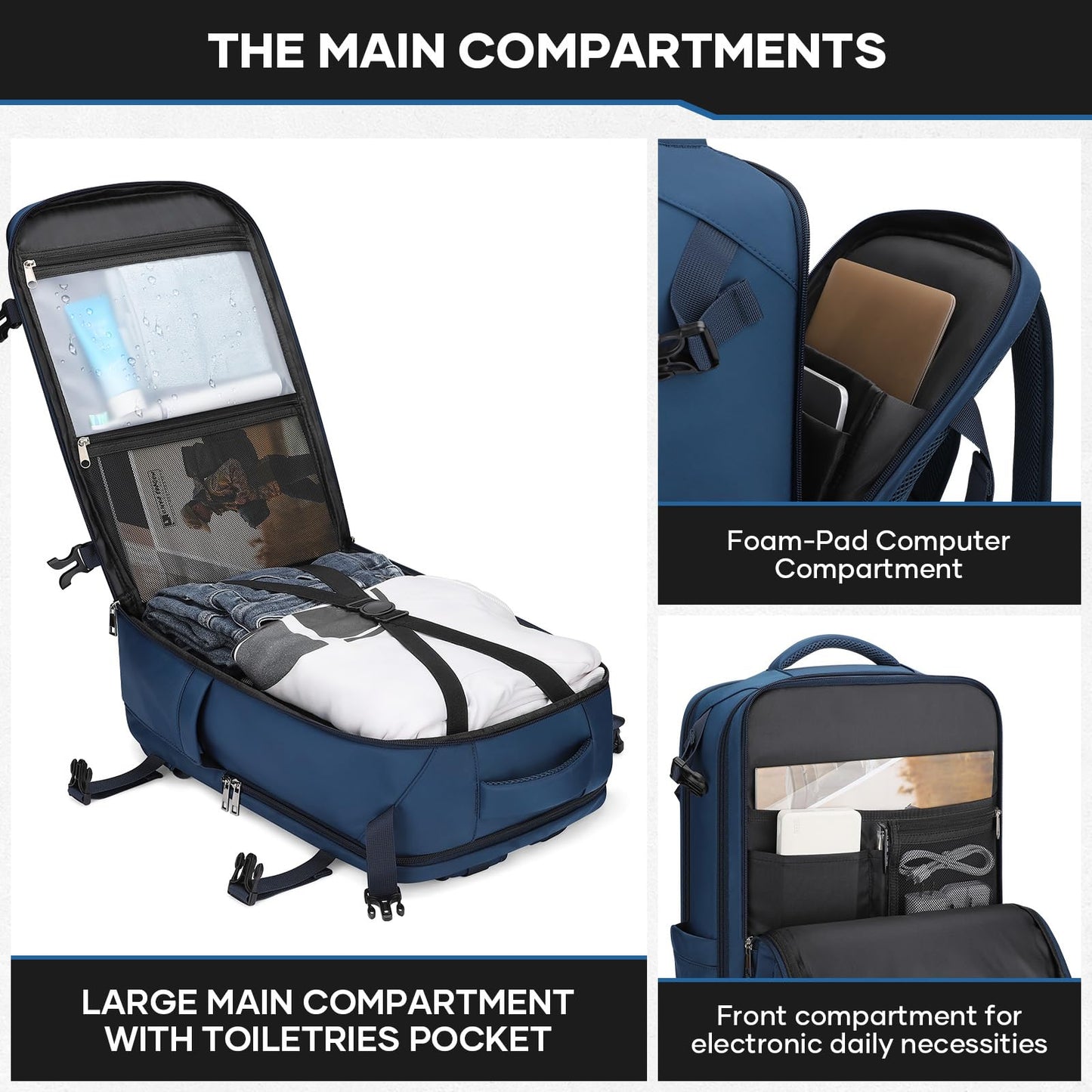 Maelstrom Travel Backpack for Men Women, 35L Carry on Backpack for Traveling on Airplane,with Belt Bag&Shoe Compartment,Waterproof Laptop Backpack fit 17”Laptop-Navy Blue, Large