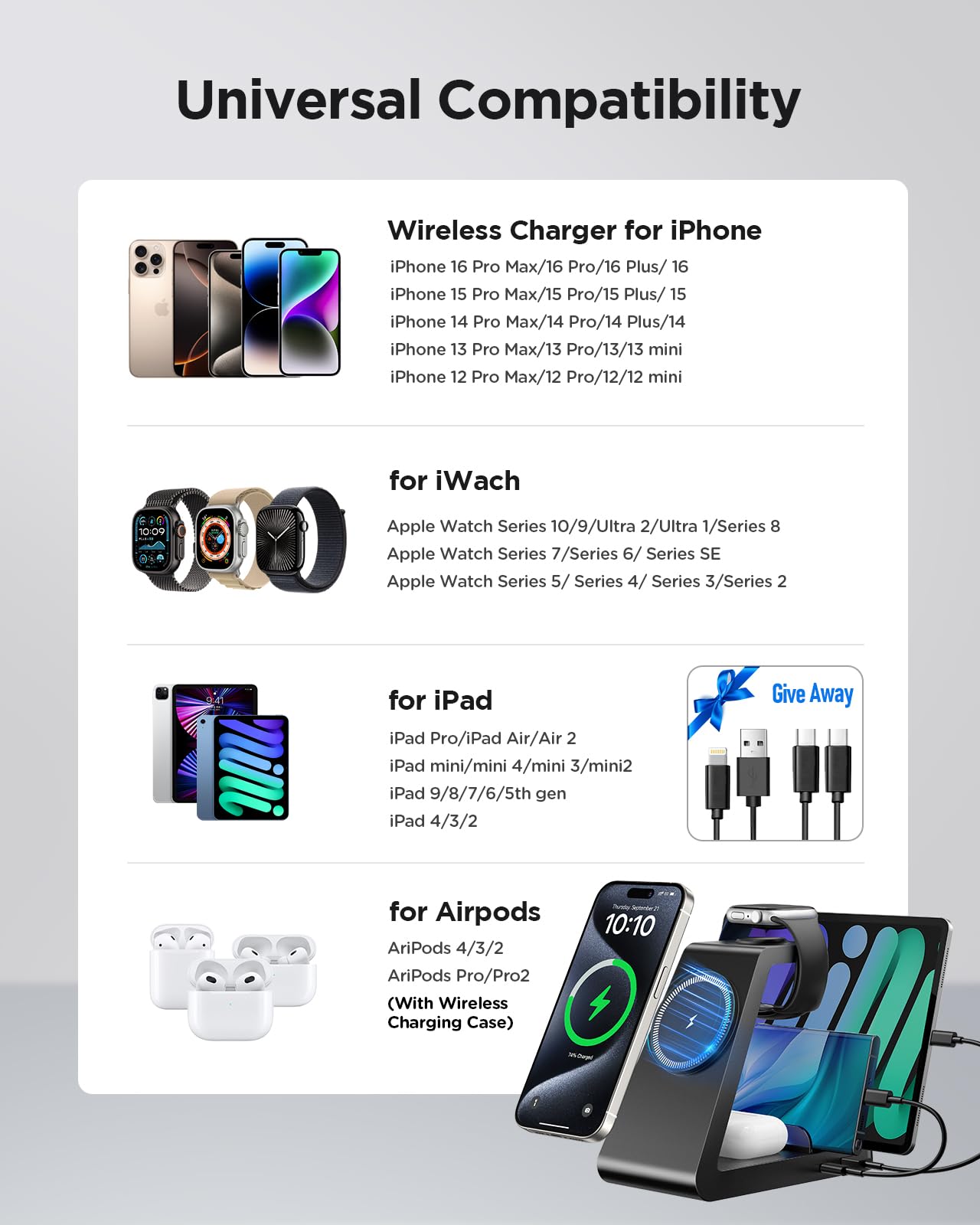 Charging Station for iPhone,5 in 1 Wireless Charger Stand Dock for Apple: Mag-Safe Charging Station for Multiple Devices Apple iPhone 16 15 14 13 12 Pro Max Plus Apple Watch iWatch Magnetic