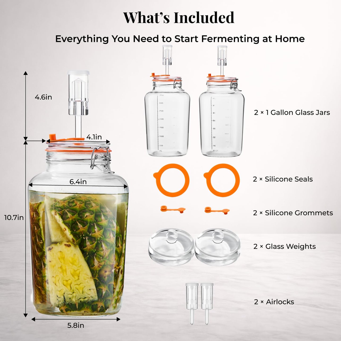 Glolaurge 1 Gallon Fermentation Jars, 2 Pack Glass Fermentation Kit with Airlocks & Weights, Wide Mouth Fermenting Jars for Sauerkraut, Kimchi, Pickles, Mead & More