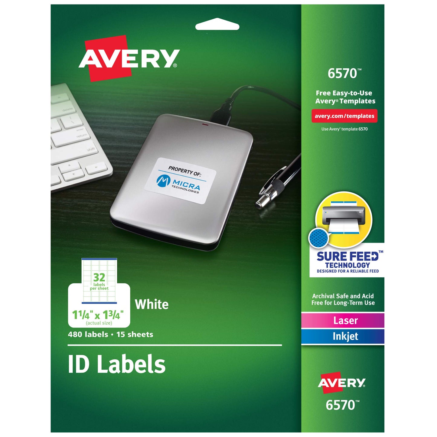 Avery ID Labels, Sure Feed Technology, Permanent Adhesive, 1.25" x 1.75", 5 Packs (6570)