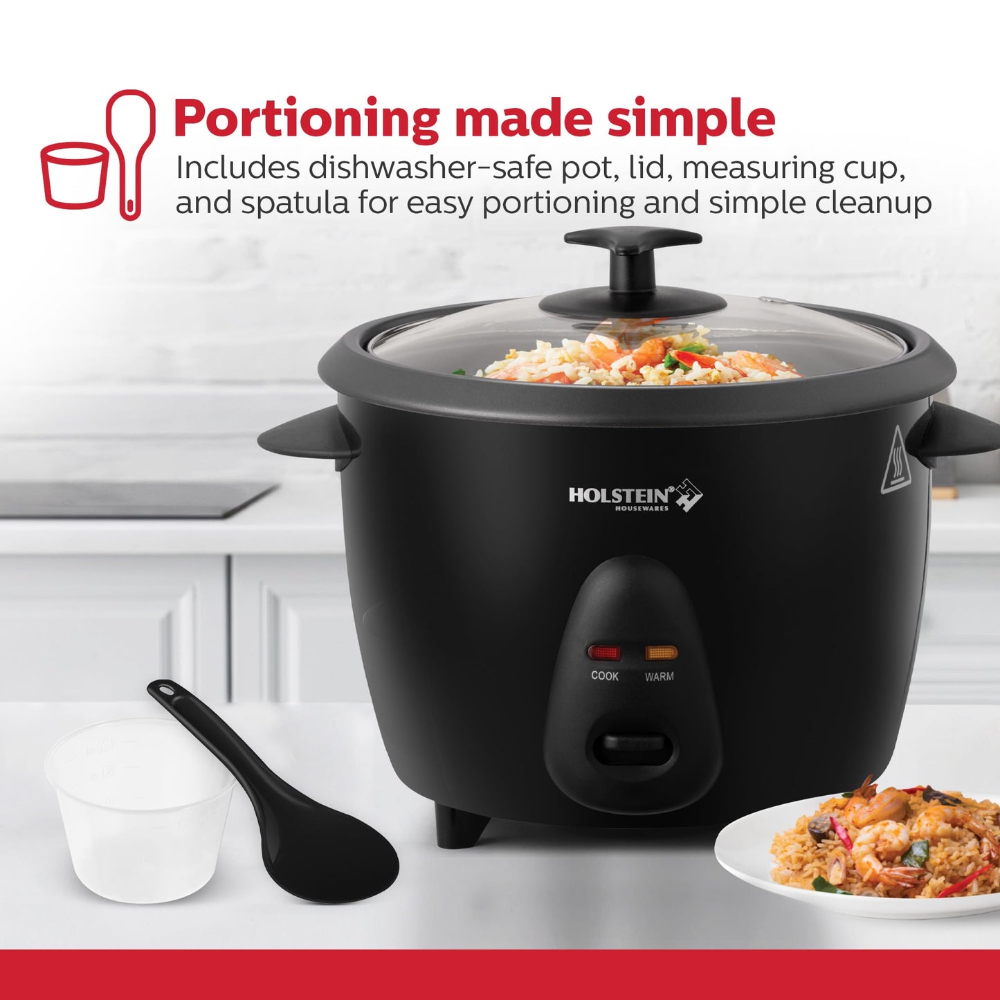 Holstein Housewares 16-Cup Cooked (8-Cup Uncooked) Rice Cooker, Black – One-Touch Operation with Cook & Keep Warm Functions, Perfect for Rice, Quinoa, Oatmeal, Stews & Grains