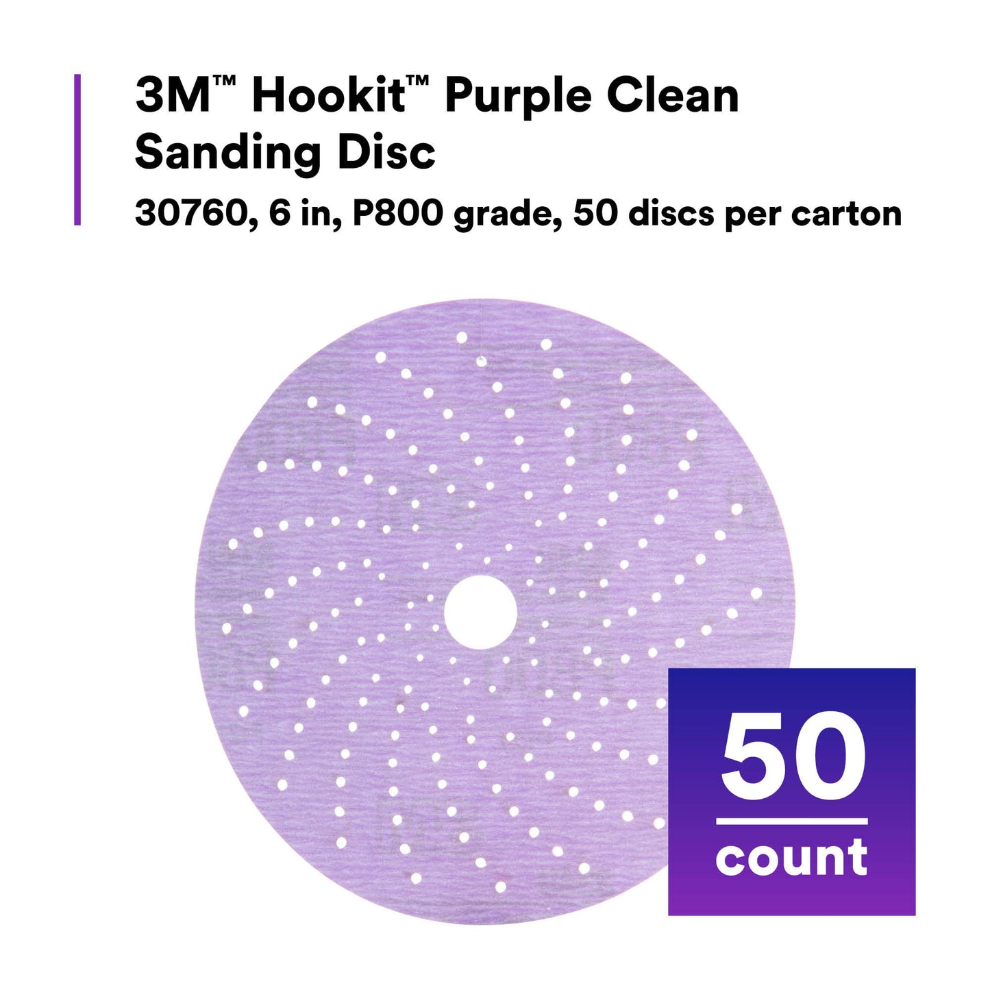 3M Cubitron II Hookit Purple Clean Sanding Abrasive Disc 31487, 6 in, 800+ Grade, Pack of 50 Discs, Virtually Dust-Free, High Performance, Long Lasting, Multi-Hole Pattern, for Automotive Sanding