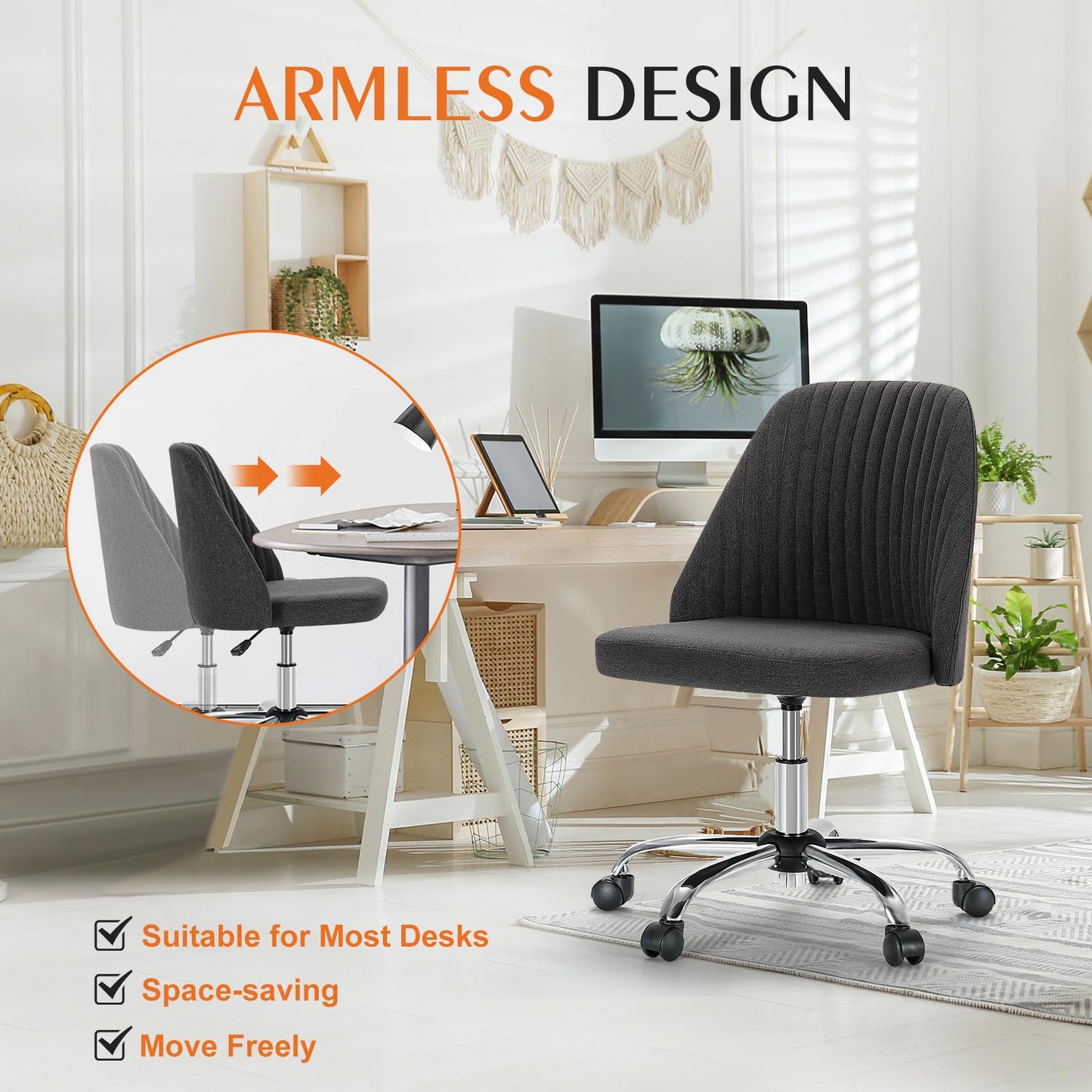 Sweetcrispy Armless Vanity Chair, Cute Comfy Home Office Desk Chair with Wheels, Modern Upholstered Task Computer Seat for Bedroom, Study, Makeup Vanity, Height Adjustable & Swivel, Deep Gray
