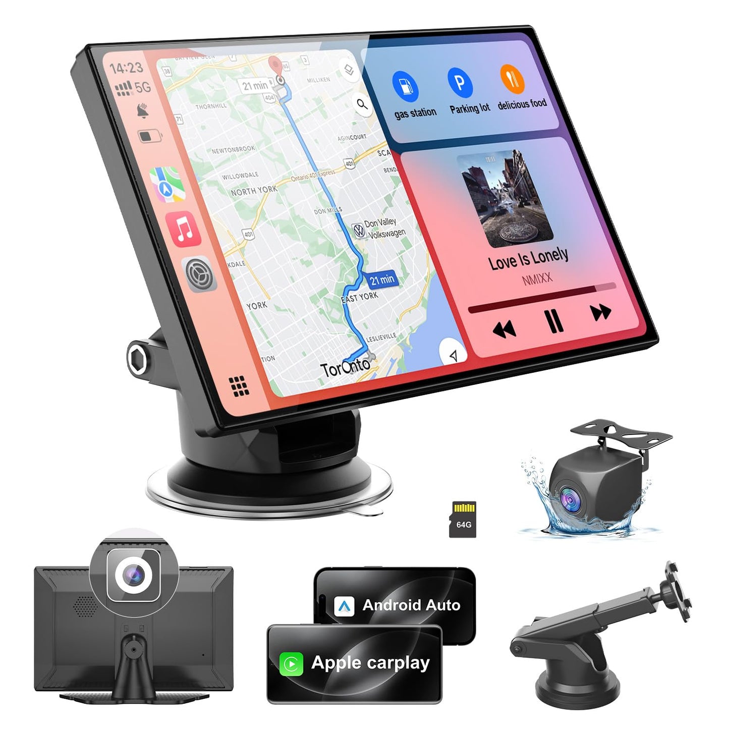 HK9 Carplay Screen for Car, 9" HD Portable Apple Carplay & Android Auto Screen, with 4K Dash Cam & 1080P Backup Camera, Upgrade Car Play Touchscreen, GPS Navigation/Siri/Mirror Link/Bluetooth/FM