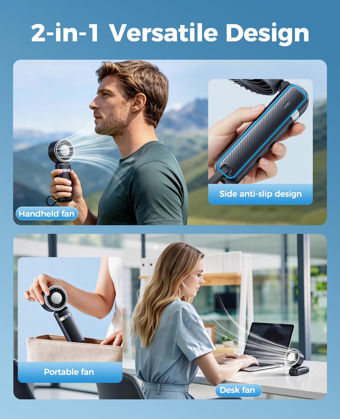 【2026 Upgrade】12000mAh Ice Cooling Portable Handheld Fan with 12W Fast Charging Personal Fan 25H Working Time 100 Speeds Turbo Fan Cooling Fan 3-in-1 Desk Fan Rechargeable for Travel,Camping(Black)