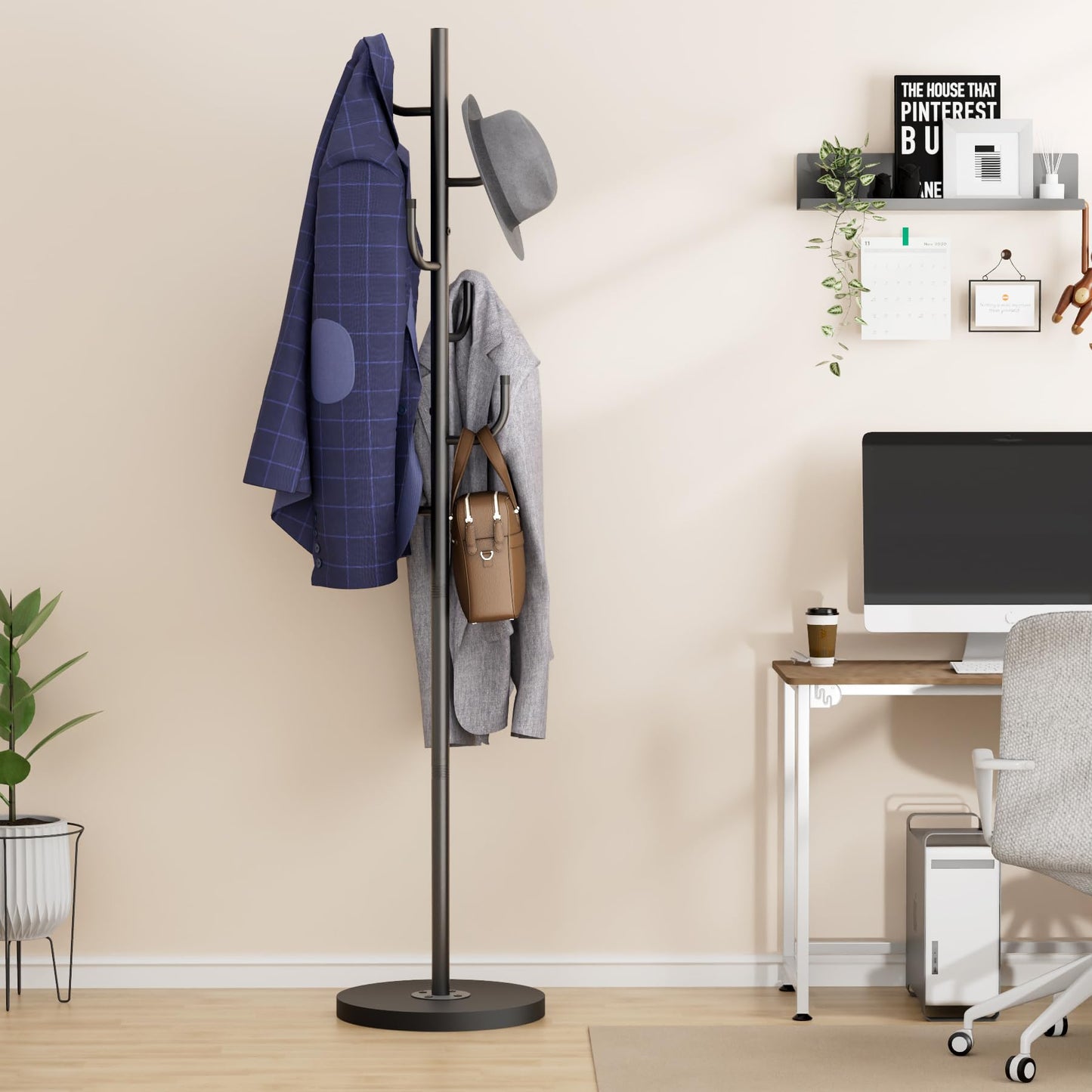 MISSLO Heavy Duty Coat Rack Freestanding 4 Adjustable Size Coat Tree with Stable Wood Base Coat Hanger Stand with 6 Hooks Standing Clothes Tree for Bedroom, Black