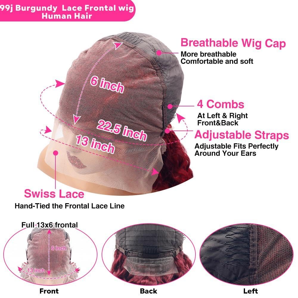 Larhali 99J HD Lace Front Wigs Human Hair Pre Plucked 250% Density Burgundy 13x6 Deep Wave Frontal Wigs Natural Hairline Human Hair Wigs for Black Women(24 Inch)