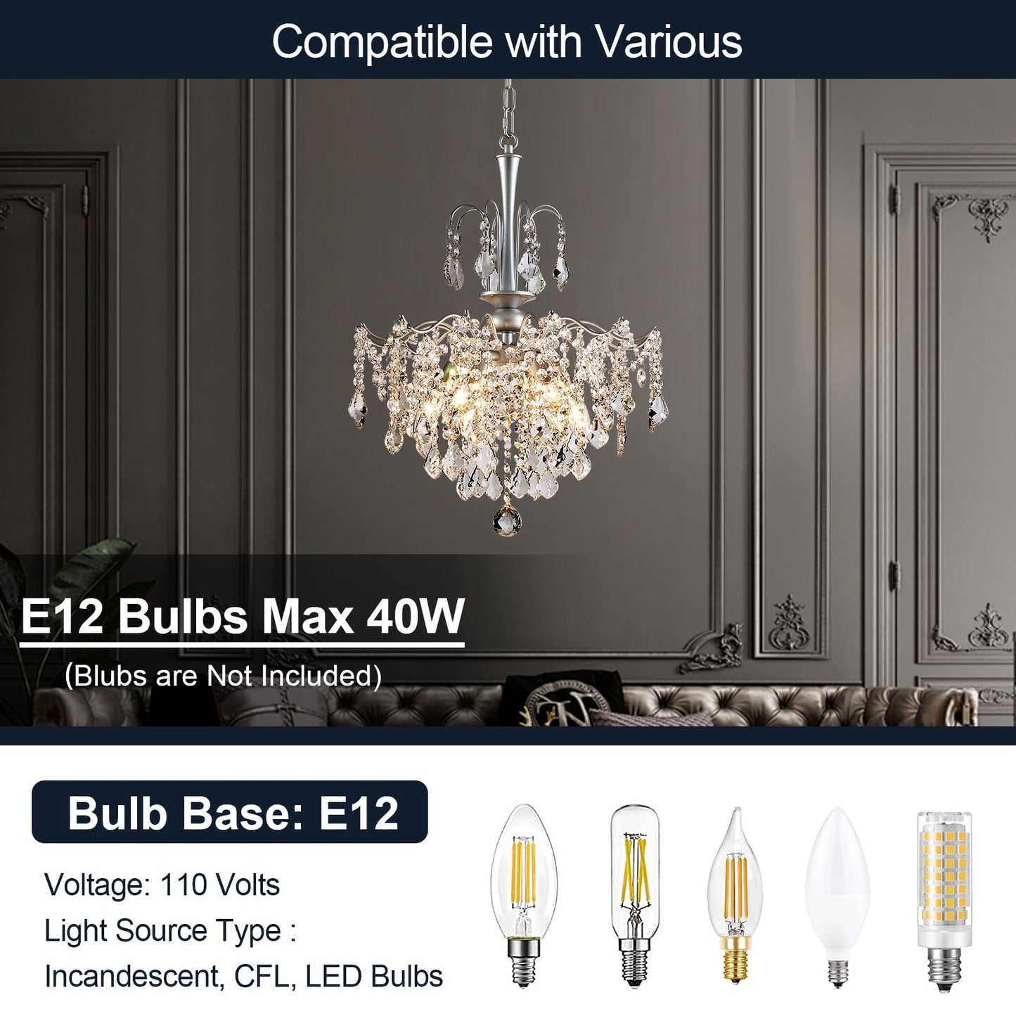 Uiimeces Modern Crystal Chandelier, Chrome Candle Chandeliers for Dining Room Lighting Fixtures Hanging, Kitchen Ceiling Hanging Pendant Light for Bedroom Living Room Kitchen Island Hallway