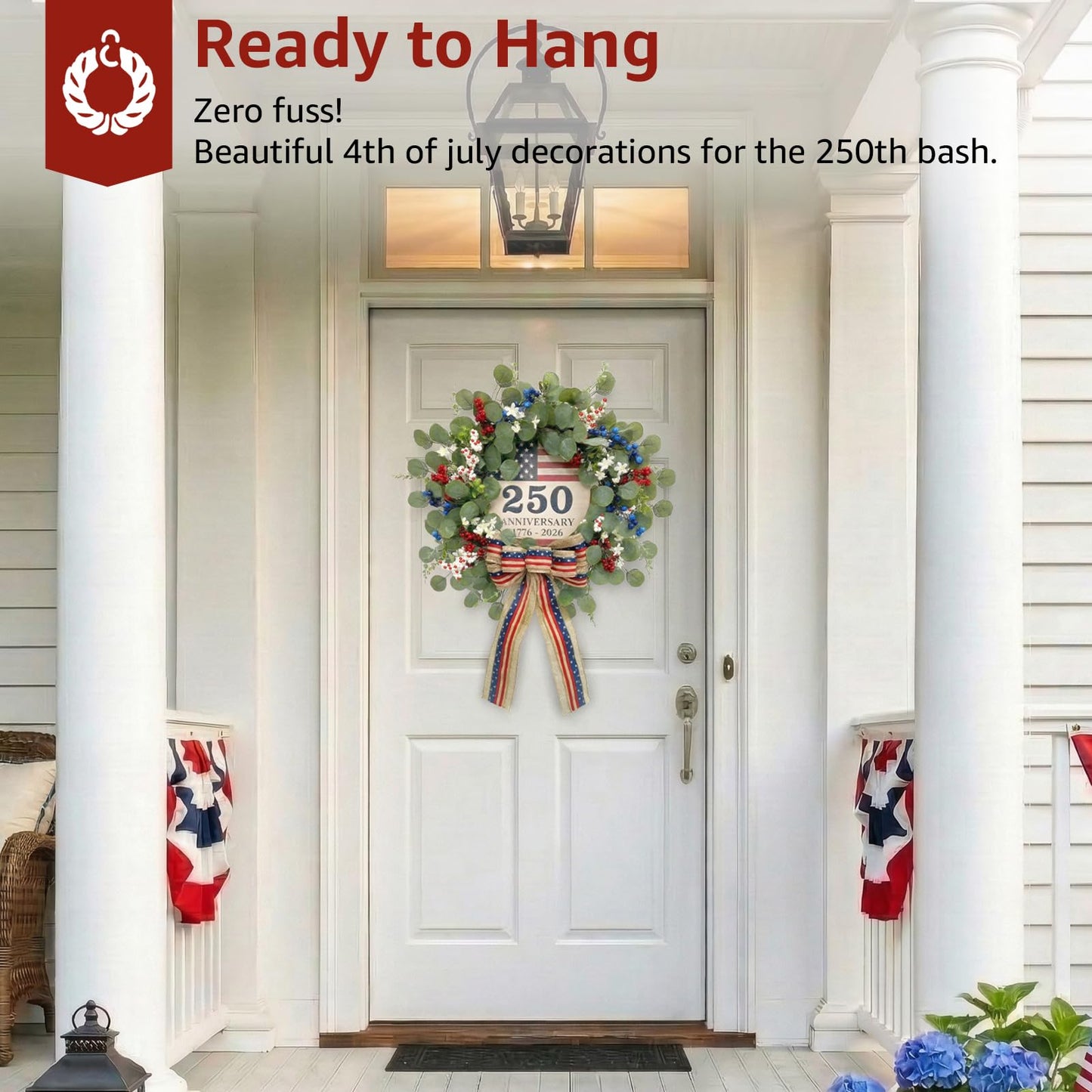 4th of July Eucalyptus Wreath for Front Door - 23 inch 1776-2026 USA 250th Anniversary Patriotic Outdoor Decorations, Memorial Day Wreaths with Red White Blue Berries and Bow