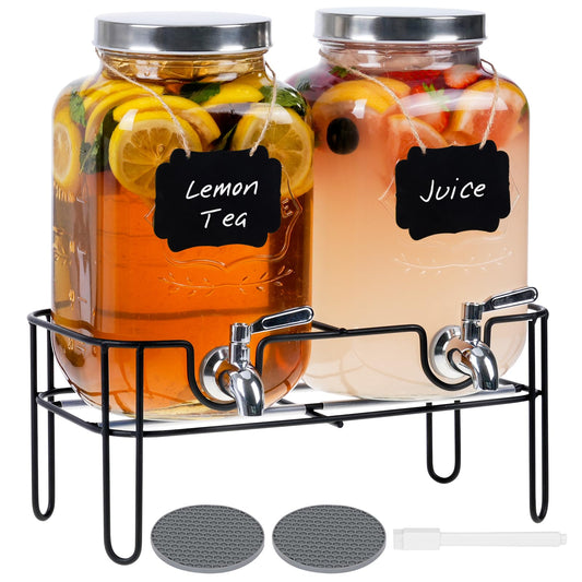 Bululuo Glass Drinks Dispenser for Parties, 2 PACK 1 Gallon Beverage Dispenser with Stand for Juice and Iced Tea, Water Jug Dispenser for Lemonade, Party Essential Beverage Pitcher with Spout