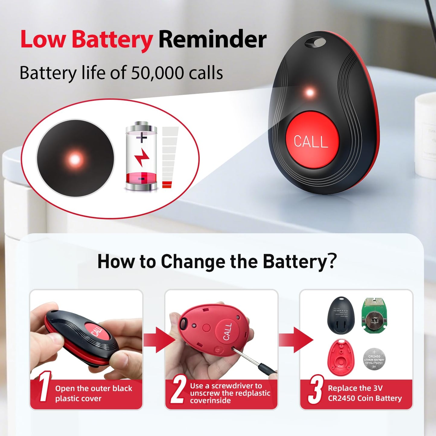CallToU Wireless Call Button Caregiver Pager Nurse Call System for Elderly/Patients at Home/Hospital with Voice Announcements and LED Number Display (6 Waterproof Call Button & 2 Receiver)