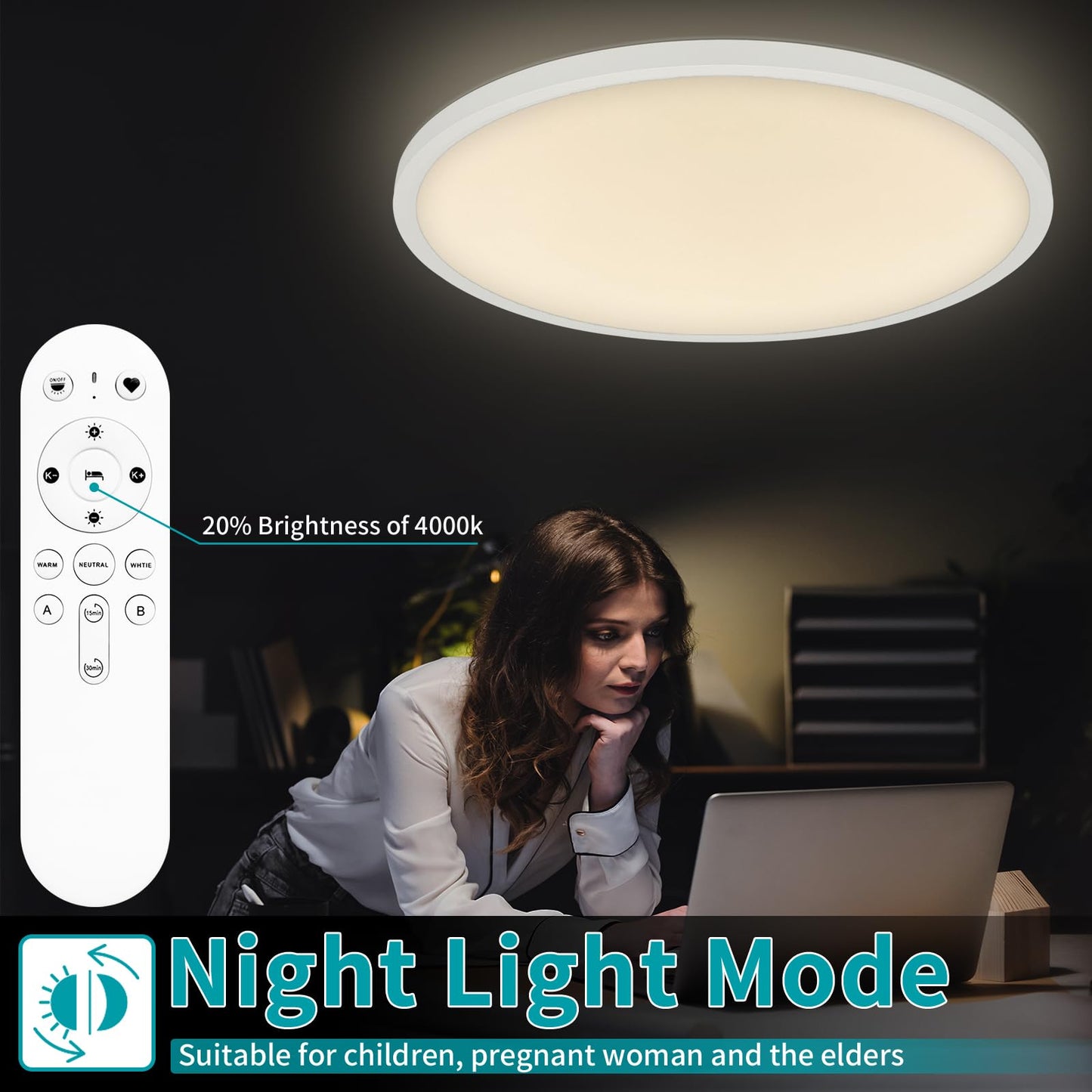 Glowall 24 Inch Led Flush Mount Ceiling Light Fixture, Ultra Thin, Dimmable with Remote Control, 56W, 5600 Lumen, Modern, Round, White, for Kitchen, Dining Room, Bedroom, Living Room, Home Office