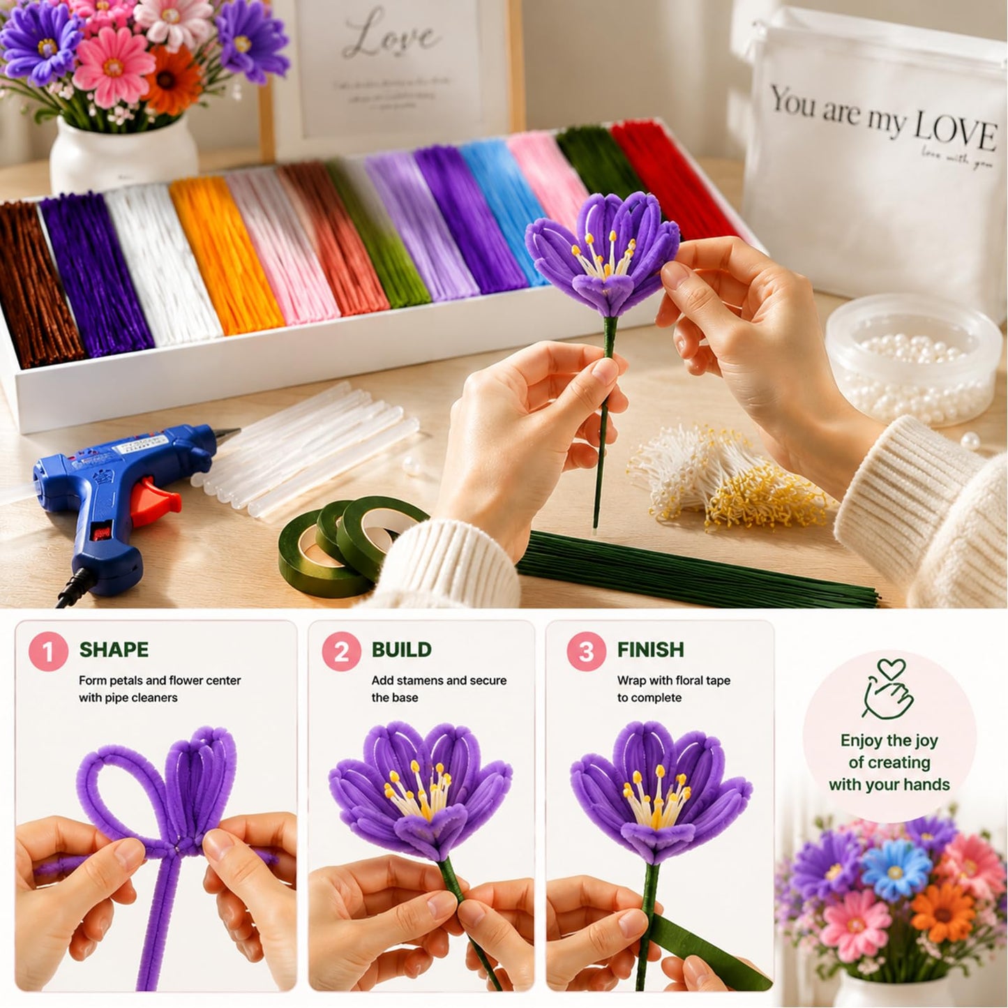 800 Pcs Pipe Cleaners for Crafts,Ultimate DIY Flower Making Kit, Includes Chenille Stems, Stamen, Floral Tape, Ribbon & Craft Wire, Perfect for Bouquet, Home Decoration or Handmade