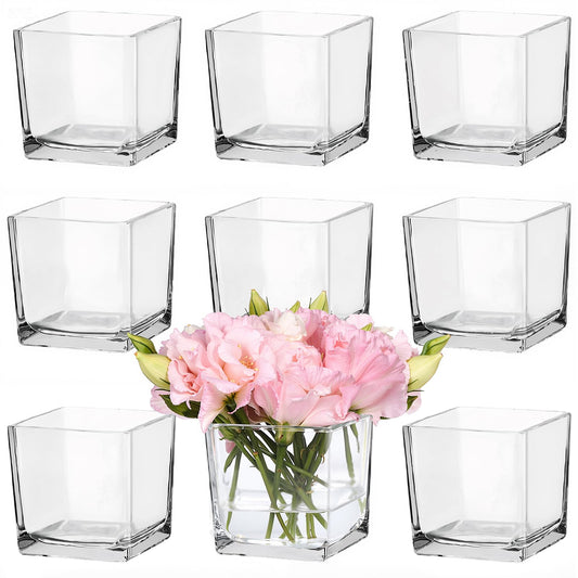 CONNOO 9 Pack Square Glass Vase 4" x 4" x 4", Clear Bulk Flower Vases for Centerpieces, Square Glass Cube Vase Floating Candle Holders for Wedding Party Home Decor