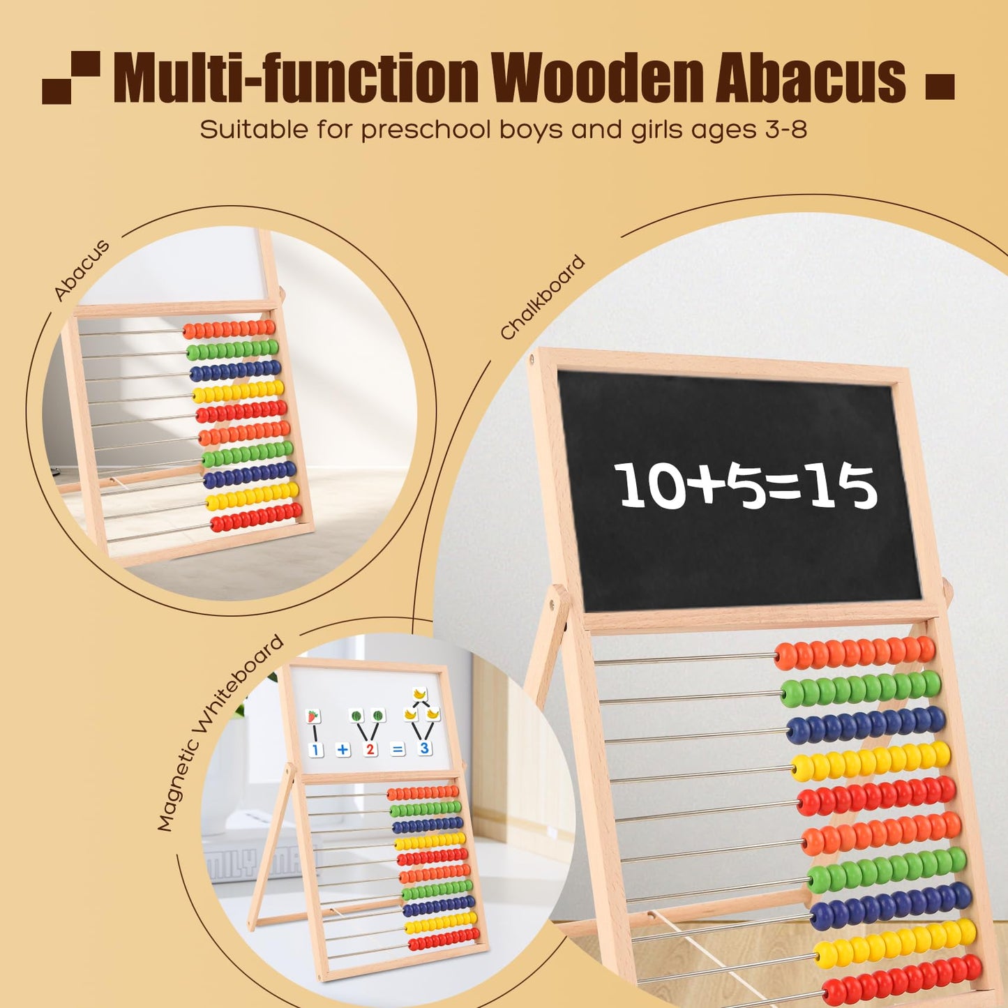 Wooden Abacus for Kids Math - Double-Sided Blackboard Whiteboard Magnetic Abacus for Toddlers with 100 Magnetic Number & Fruit Stickers - Educational Counting Games Kids Gift
