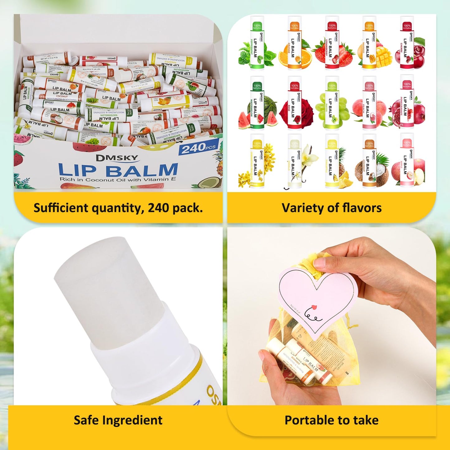 DMSKY 240 Pack Lip Balm, Natural Lip Balm Bulk with Vitamin E and Coconut Oil, Moisturizing Lip Balm for Chapped Lips, Bulk Lip Balm for Women-15 Flavors