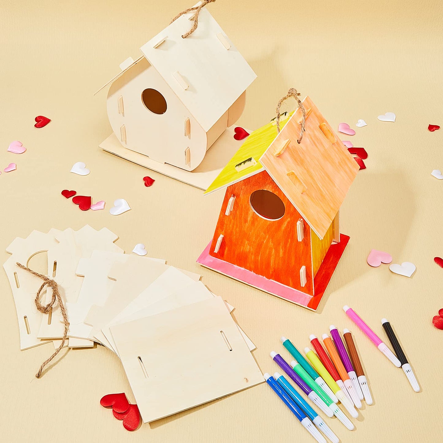 21 Sets DIY Birdhouse Kit for Kids to Build and Paint, Include Unfinished Wooden Bird House, Strips and Colorful Painting Pens for Girls Boys Fun Craft Activity Creative DIY Art Project