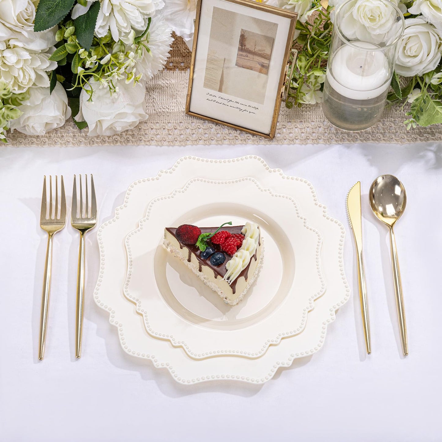 COLOSUS 60pcs Ivory Plastic Plates -Elegant Plastic Plates,Heavy Duty Cream Disposable Plates for Party Include 30 pcs Dinner Plate and 30 pcs Dessert Plate for Wedding/birthday/baby shower