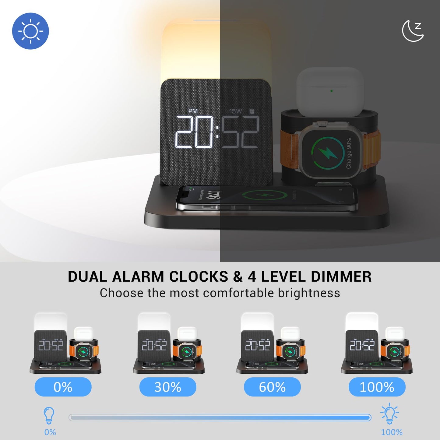 7 in 1 Charging Station for iPhone, Wireless Charging Station, Alarm Clock, Night Light, Wireless Charger for iPhone 16 15 14 13 12 Pro Max & Apple Watch - Charging Stand Dock for AirPods