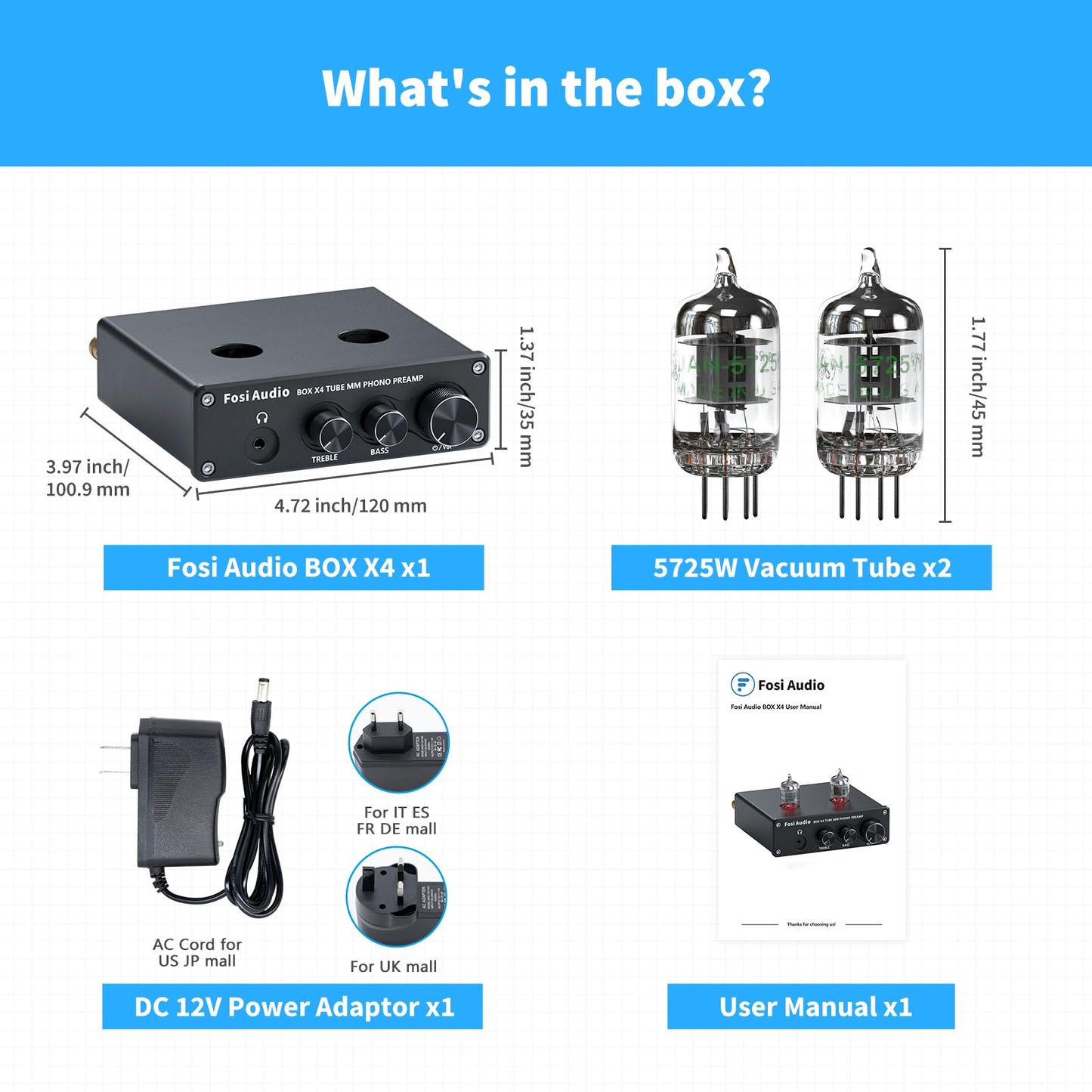 Fosi Audio Box X4 Phono Preamp with JAN 5725W Vacuum Tubes for MM Turntable Phonograph Record Player with Volume Bass Treble Control