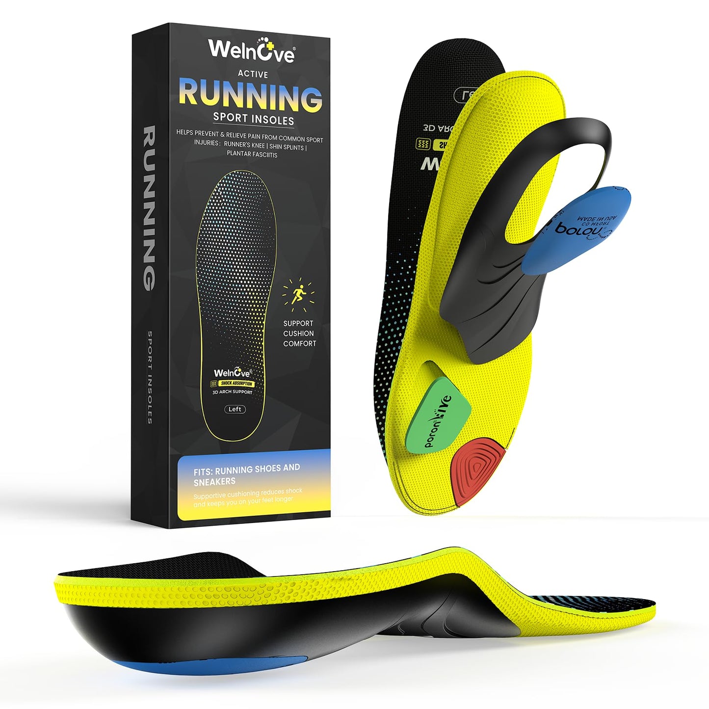 Welnove Plantar Fasciitis Insoles – Sport Arch Support Insoles for Running, Hiking & Standing All Day – Shock Absorption, Heel Pain Relief Heel Spur Insert for Sneakers & Boots(Black,XL)