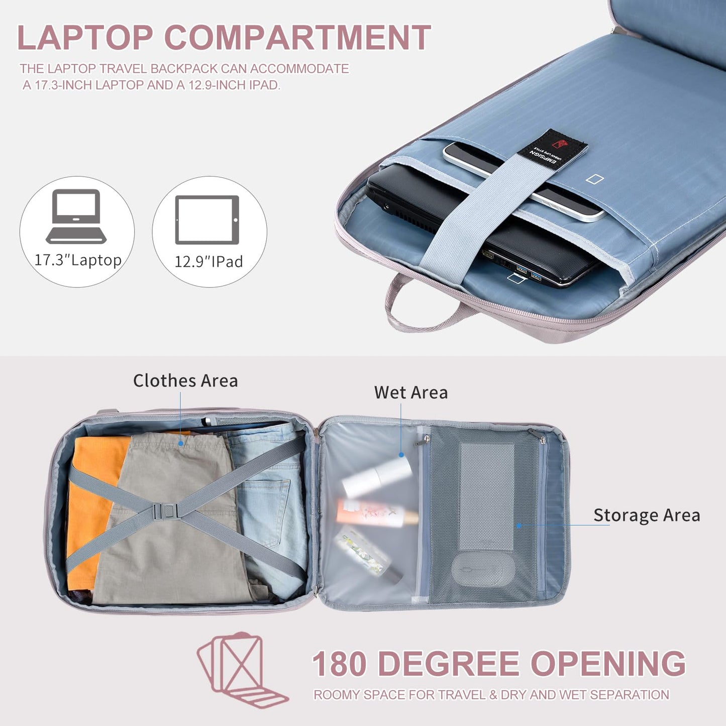 EMPSIGN Carry on Travel Backpack for Women & Men, 17 inch Large TSA Friendly Laptop Backpack with USB Port, Airline Approved Carry On Luggage, Travel Essentials, Weekender Overnight Bags, Grey Pink
