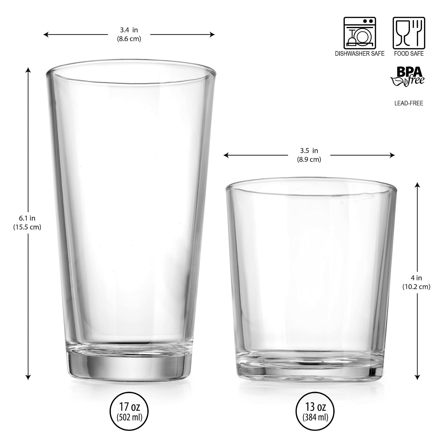 Glaver's Drinking Glasses Set of 12. Glassware set, 6 Highball Glass Cups, 6 Whiskey glasses. Classic Drinkware Set 17 oz Tall Glasses Set and 13 oz Rock Glasses.