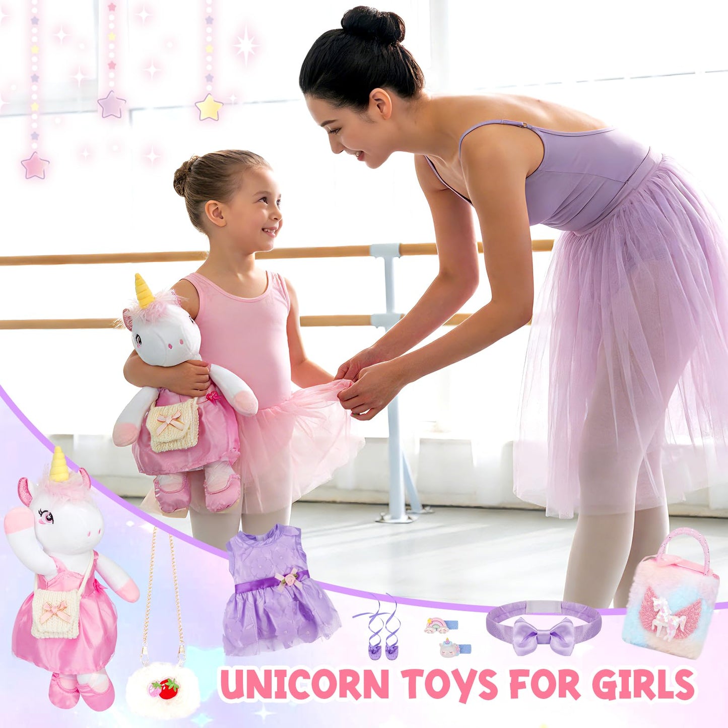 ZeffuLyne Unicorn Stuffed Animals, 11PCS Unicorns Toys for Girls Age 4-6 Ballerina Doll Stuffed Animal Toy with 2 Set Ballerina Dresses, Shoes, Bags & Hair Clips, Birthday Gifts for Girls Age 4-8