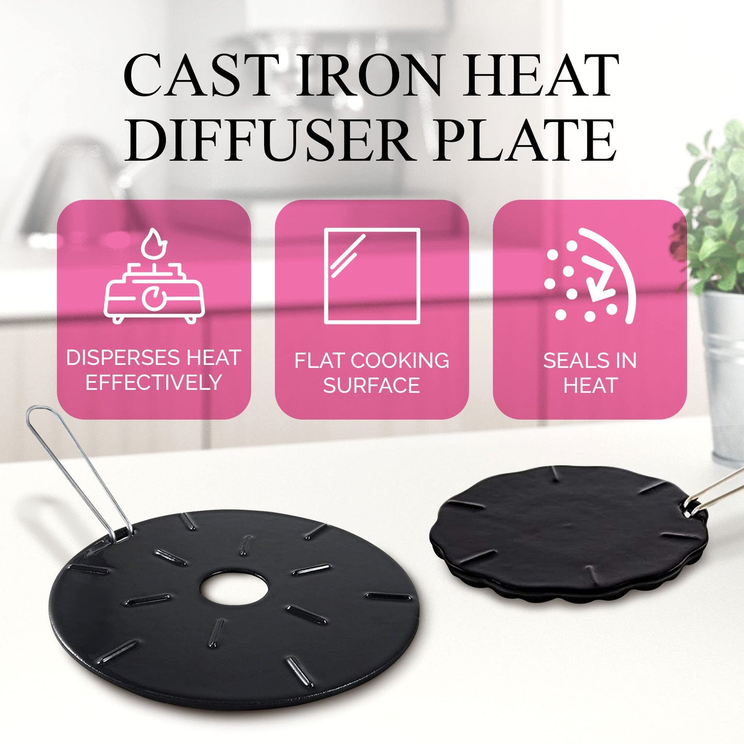 Cast Iron Heat Diffuser for Gas Stove – 2 Sizes Included – 8.25 and 6.75 Inch Heat Diffusers for Electric Stove - Gas Heat Plate - Cast Iron Simmer Plate for Gas Burners