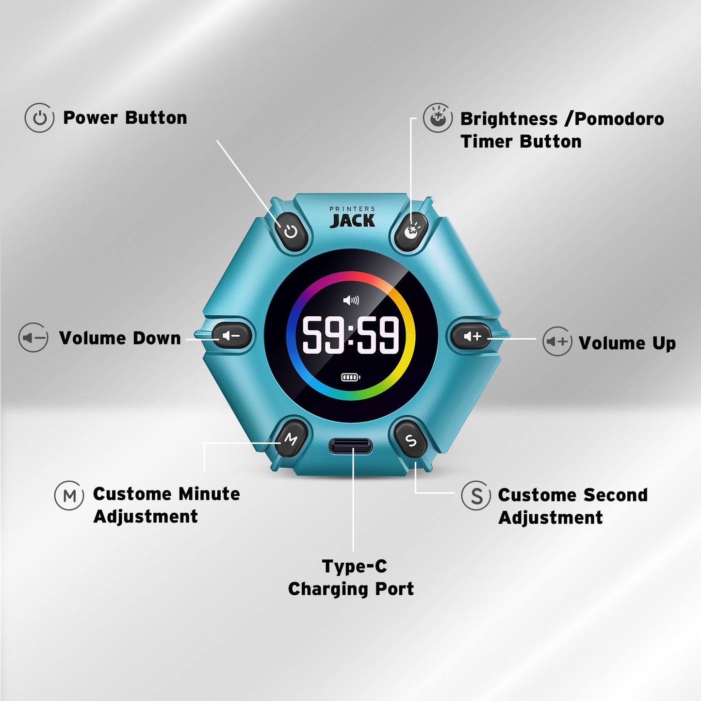 Pomodoro Timer, Magnetic Visual Timer with Flip Countdown, Silent & Alarm, Tools for Anyone, Cube Digital Timer for for Work, Kitchen Cooking, Study, 3/5/10/25/30/60min & Custom Countdown - Turquoise