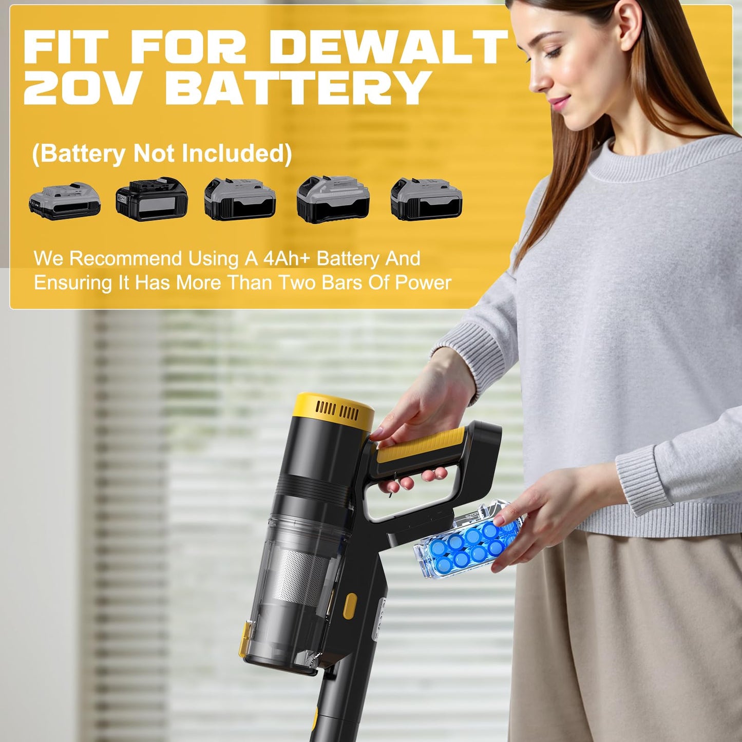 350W Cordless Vacuum Cleaner for DeWALT 20V Battery(No Battery), 40KPA Self-Standing Stick Vacuum with Touch Screen, Double Dust Cup, 180° Bendable Wand Vacuum Cleaner for Home Hard Floor Pet Carpet