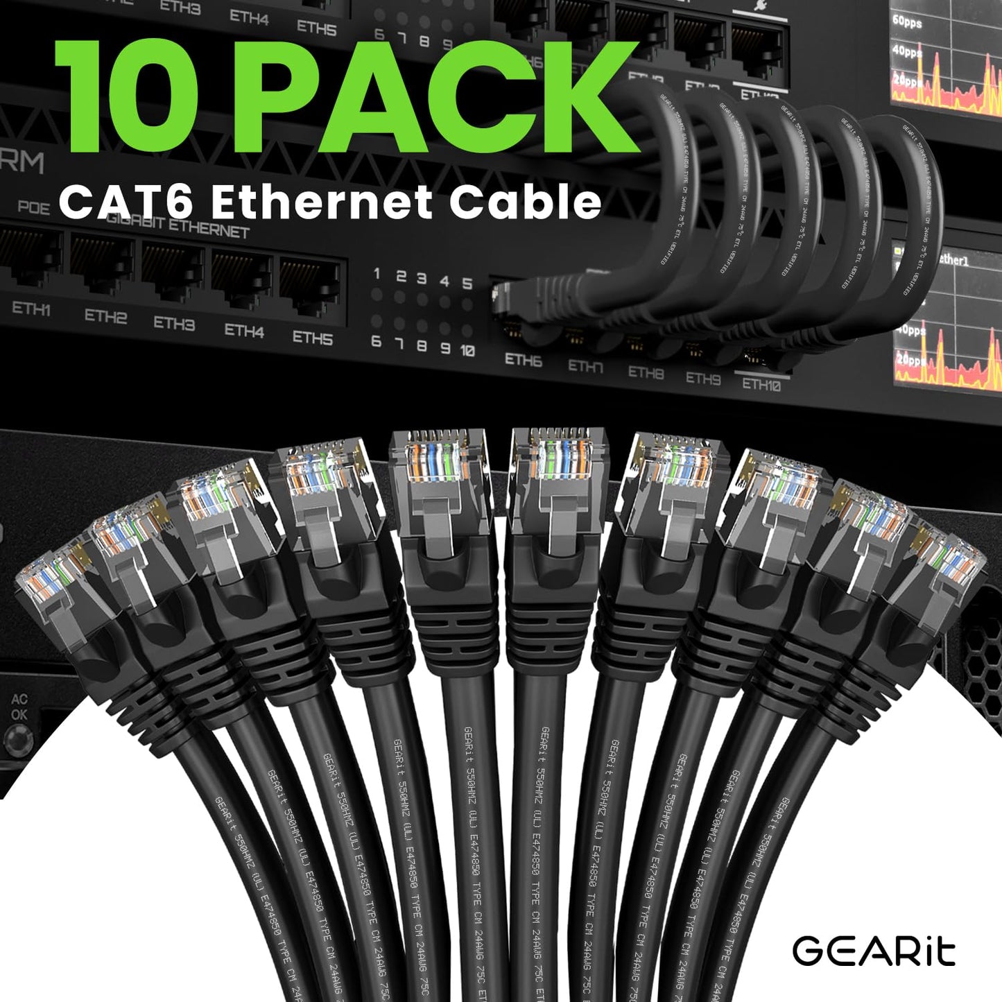 GEARit Cat 6 Ethernet Cable (10-Pack 25 Feet) Cat6 Network Patch, 10Gbps, RJ45, Snagless Cord, Gold-Plated Connectors, Internet for PC, TV, Tablet, Router, Printer, Servers, IT Data Center - Black