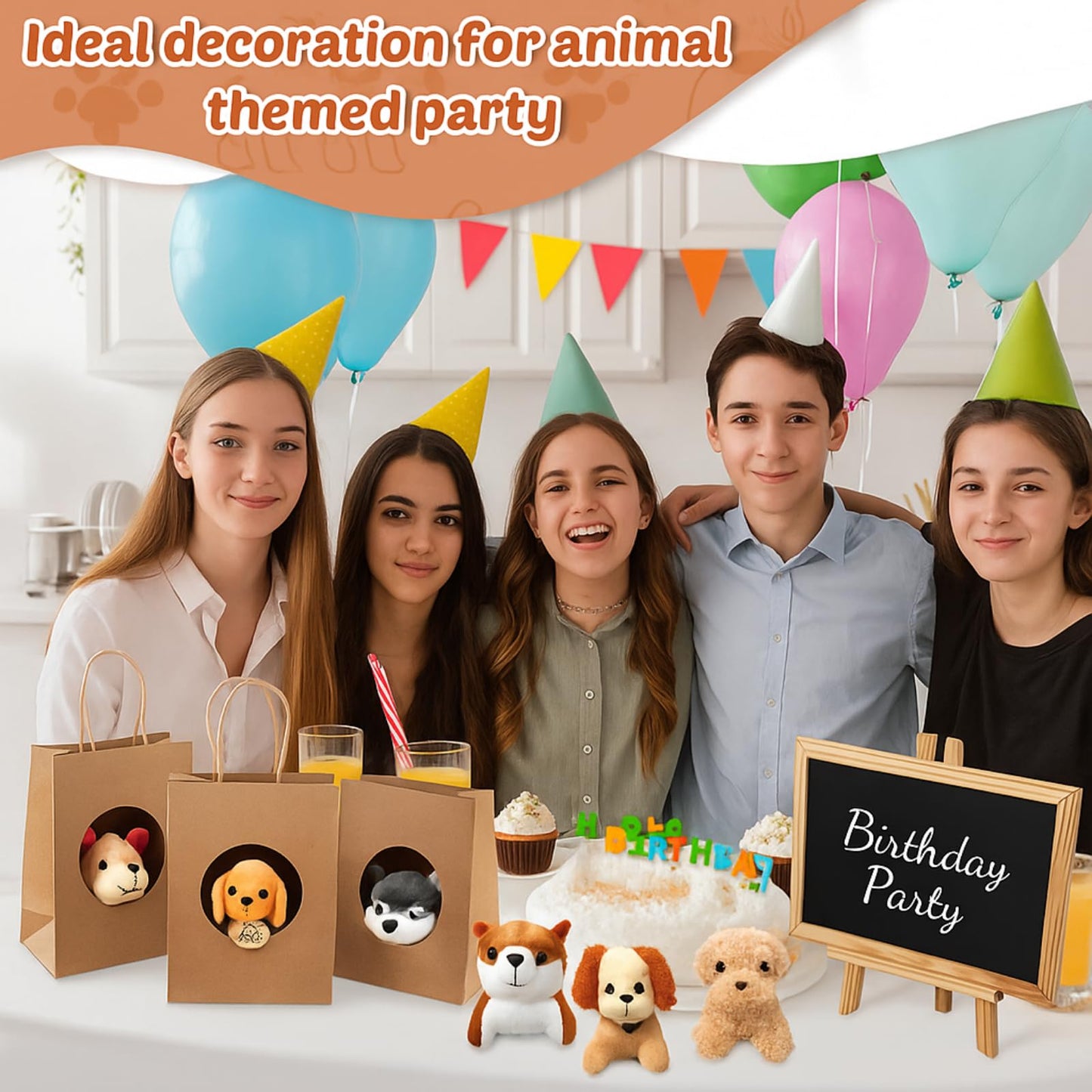 Arrowbash 36 Pcs Puppy Birthday Party Favor Mini Plush Stuffed Animal Dog Set with 10 White Plastic Fence 12 Kraft Paper Gift Bags Wooden Chalkboard Sign for Adopt a Pet Dog Birthday(Classic)