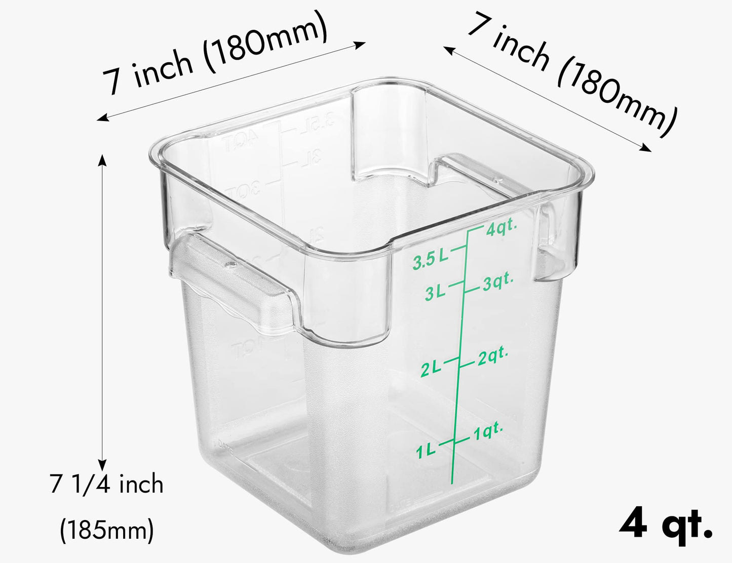 CURTA 4 Pack Food Storage Container with Green Lid - NSF Commercial Grade in 4.0 Qt - Square, Clear, Polycarbonate