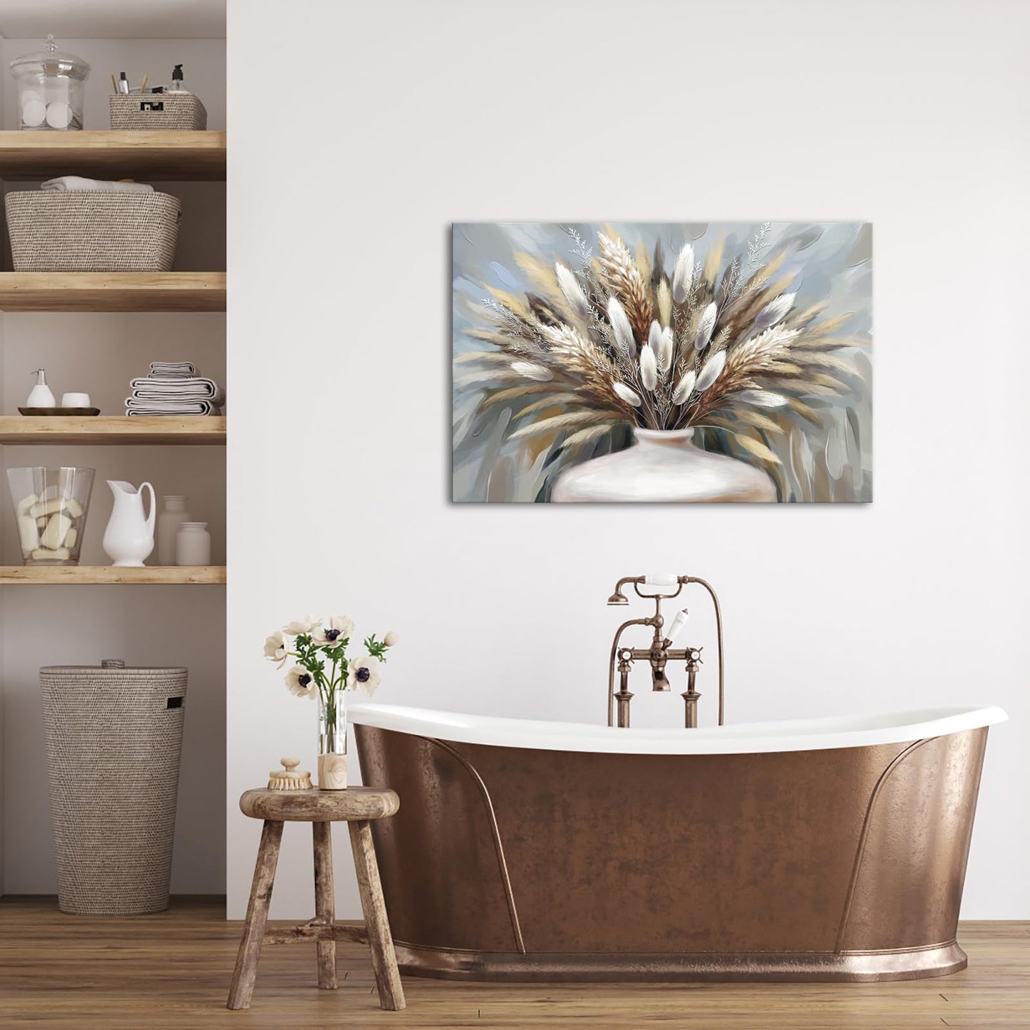 iHAPPYWALL Large Pampas Grass Wall Art Boho Botanical Plant Farmhouse Decoration Dried Floral Grass in Vase Canvas Prints for Home Kitchen Bedroom Ready to Hang 24x36inch