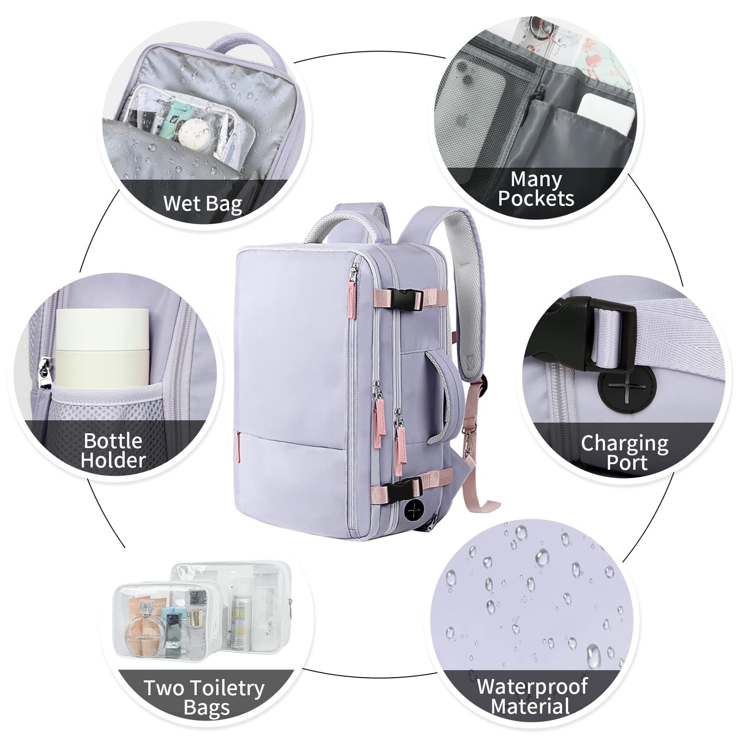 Hanples Large Travel Backpack for Women as Person Item Flight Approved, Waterproof 40L Carry On Backpack, 17 Inch Laptop Backpack for Business Bag with 2 Toiletry Bags (Gray Purple)