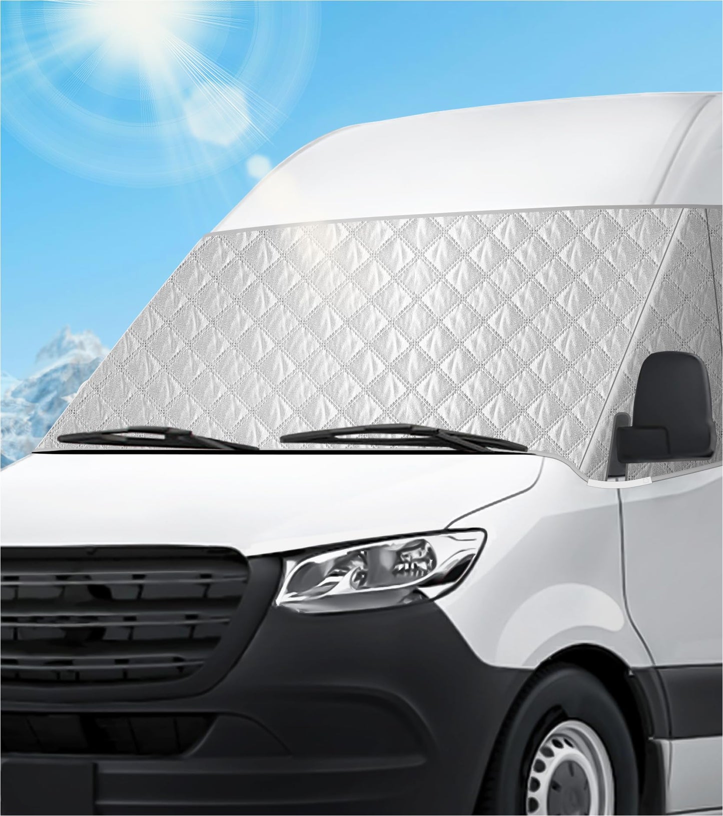 VANNCAMP Windshield Cover for Mercedes Sprinter Van 2007-2026, Class C Windshield Snow Cover, Front Window Sunshade for UV Protection & Privacy Shield, White with Mirror Cutouts