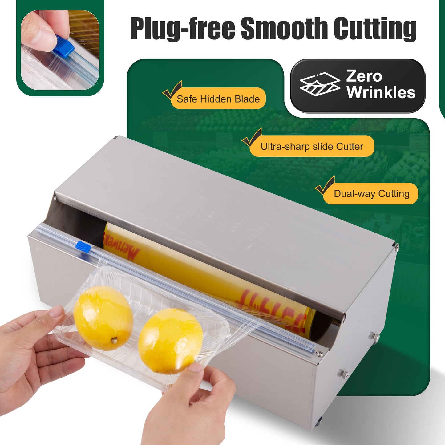 14 Inch Stainless Steel Plastic Food Wrap Dispenser, Cling Film Cutter with 4 Slide Blades for Home Kitchen, Meal Prep, Baking